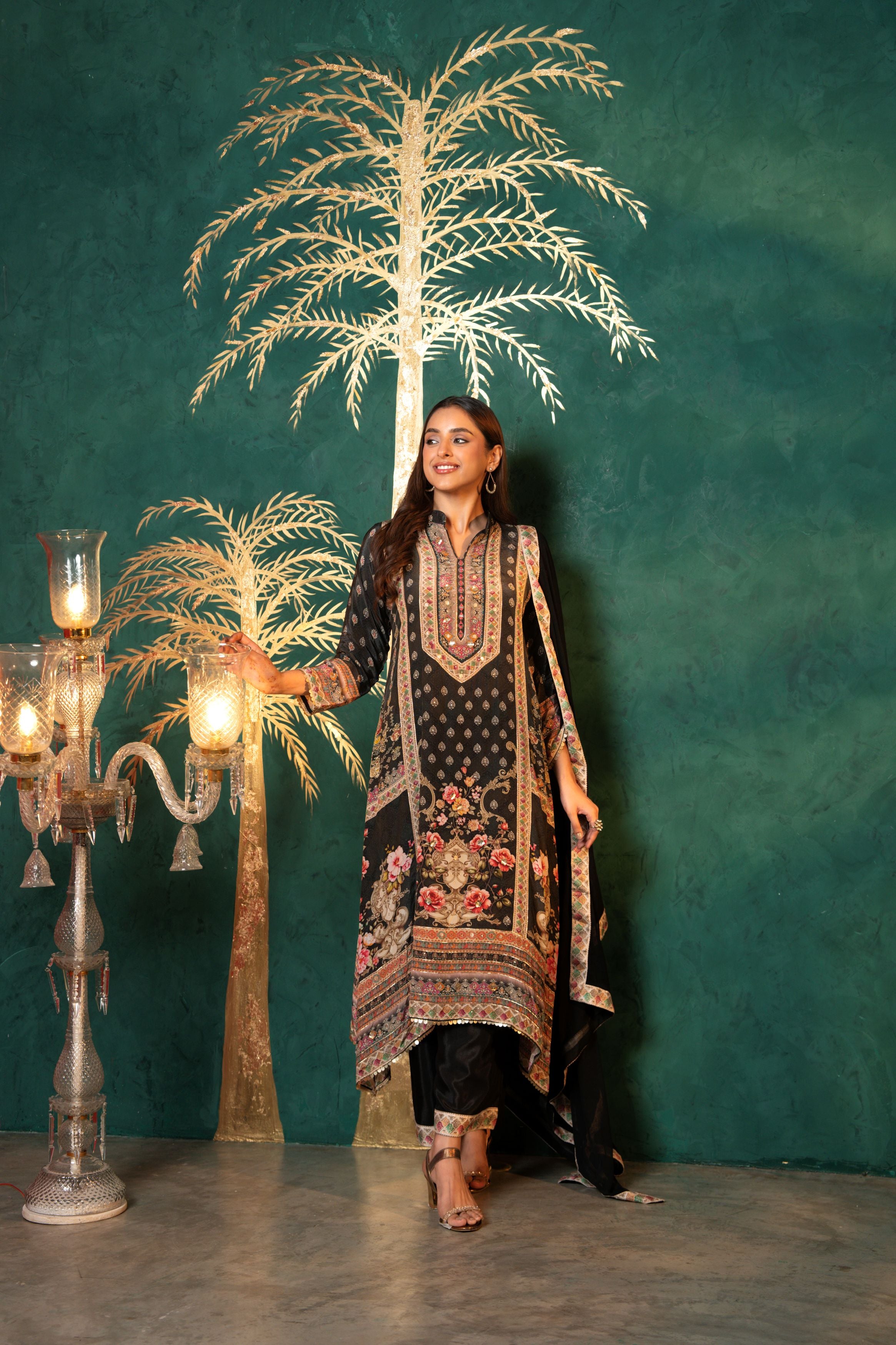 Midnight Black Printed Crepe Silk Pant Set