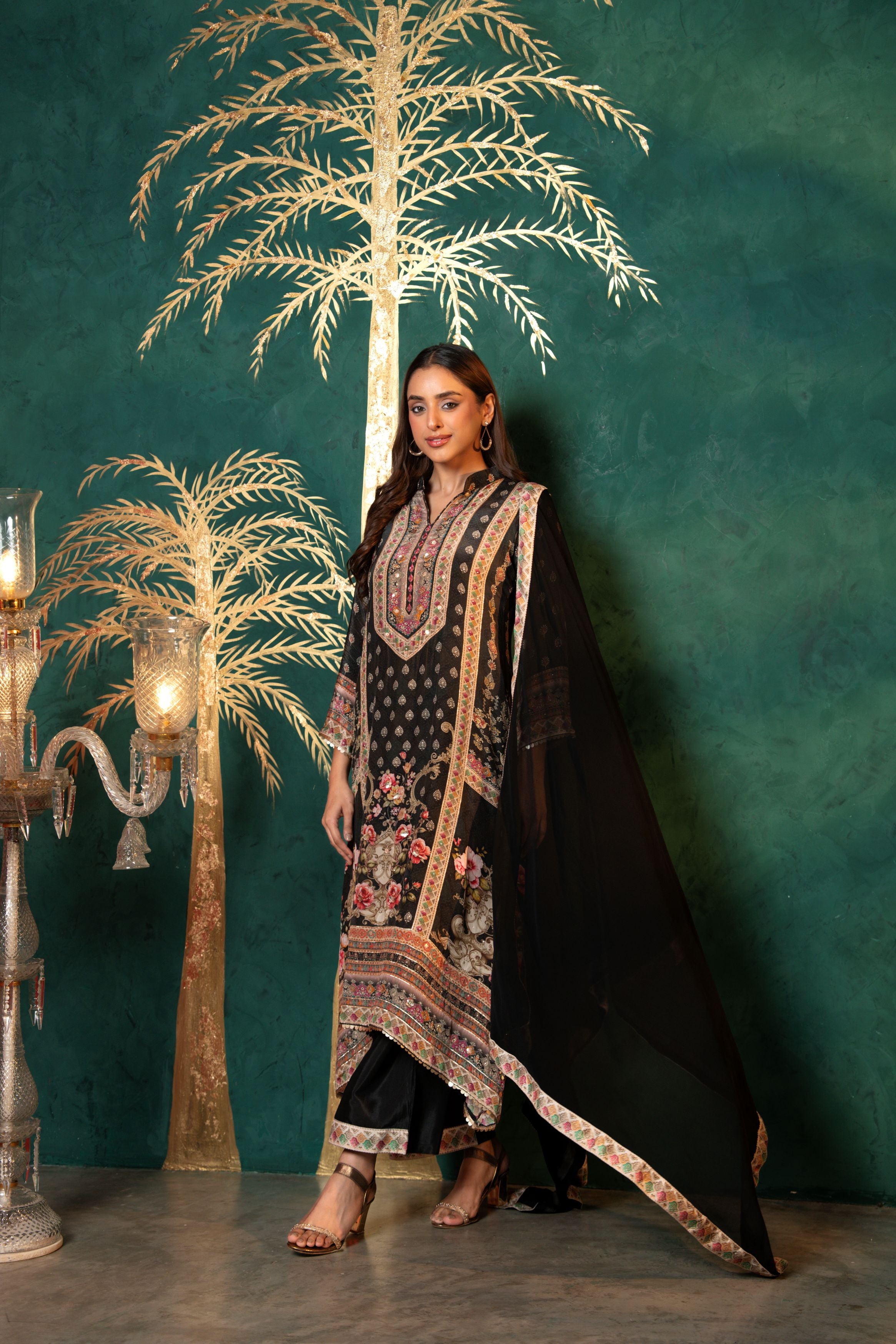 Midnight Black Printed Crepe Silk Pant Set