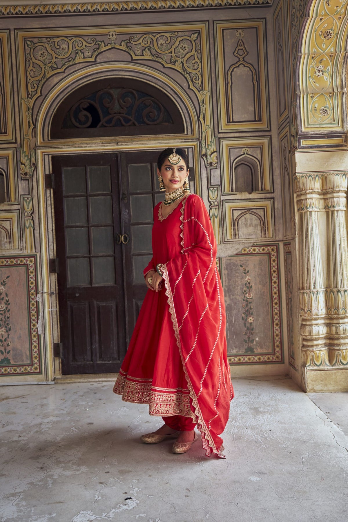 Scarlet Red Embellished Dola Silk Anarkali Set