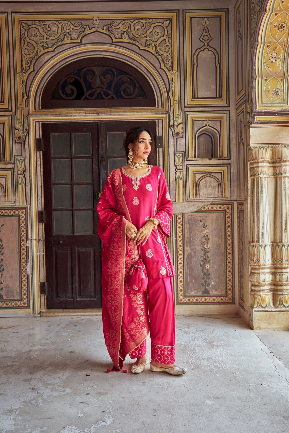 Rani Pink Embellished Banarasi Silk Salwar Set