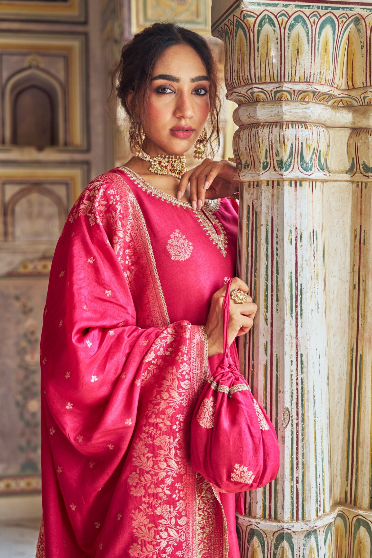 Rani Pink Embellished Banarasi Silk Salwar Set