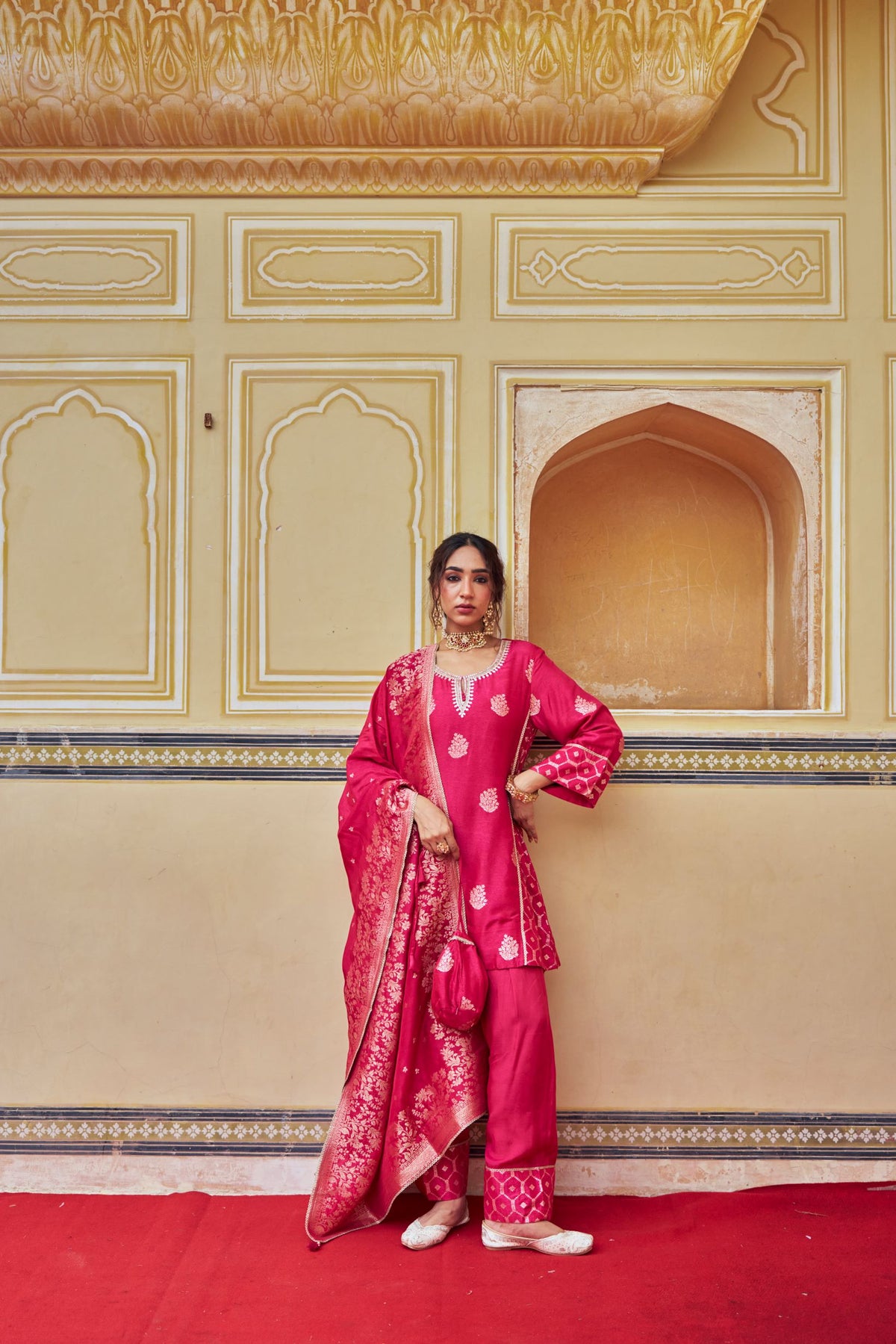 Rani Pink Embellished Banarasi Silk Salwar Set