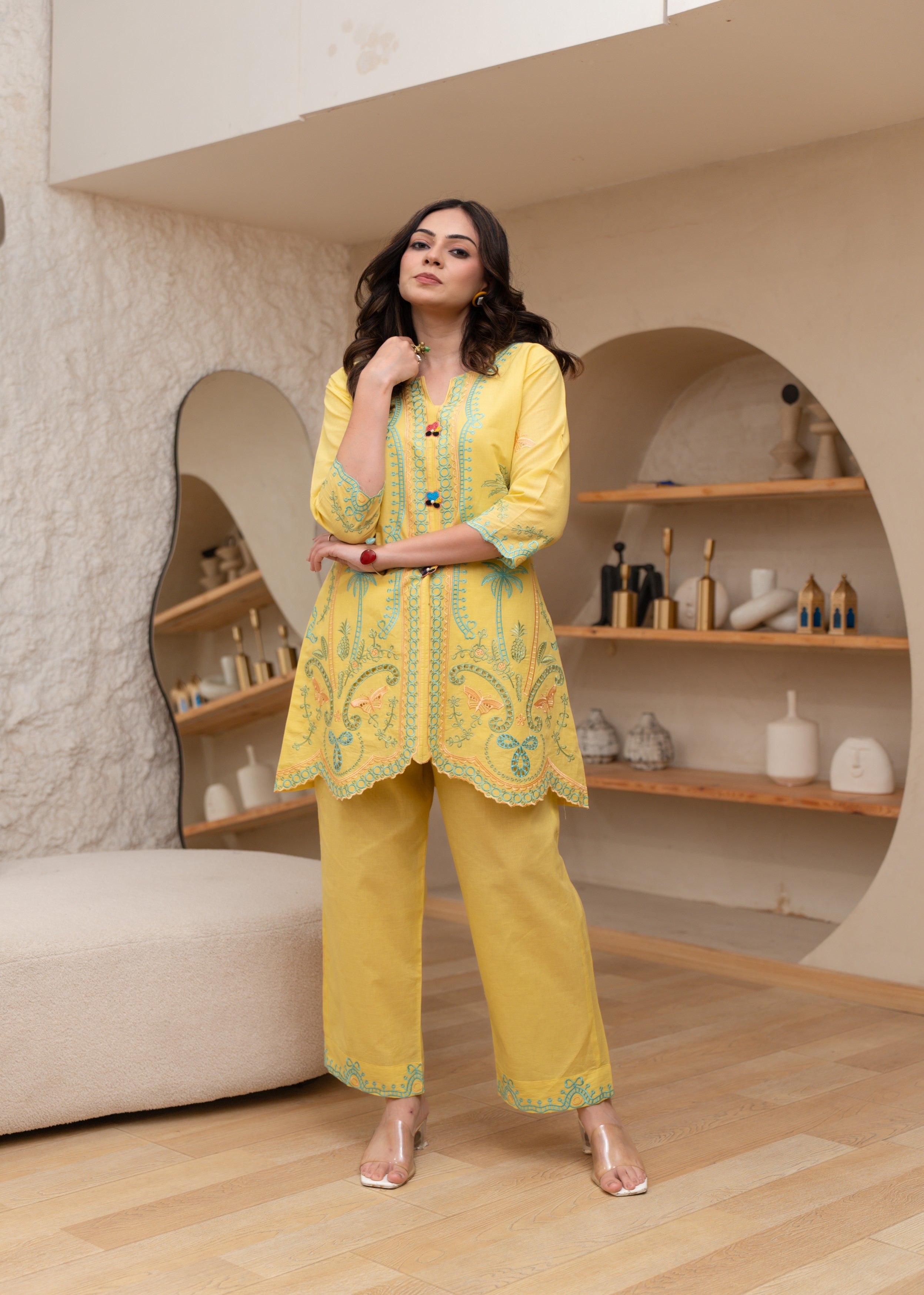 Bright Yellow Embroidered Cotton Co-ord Set