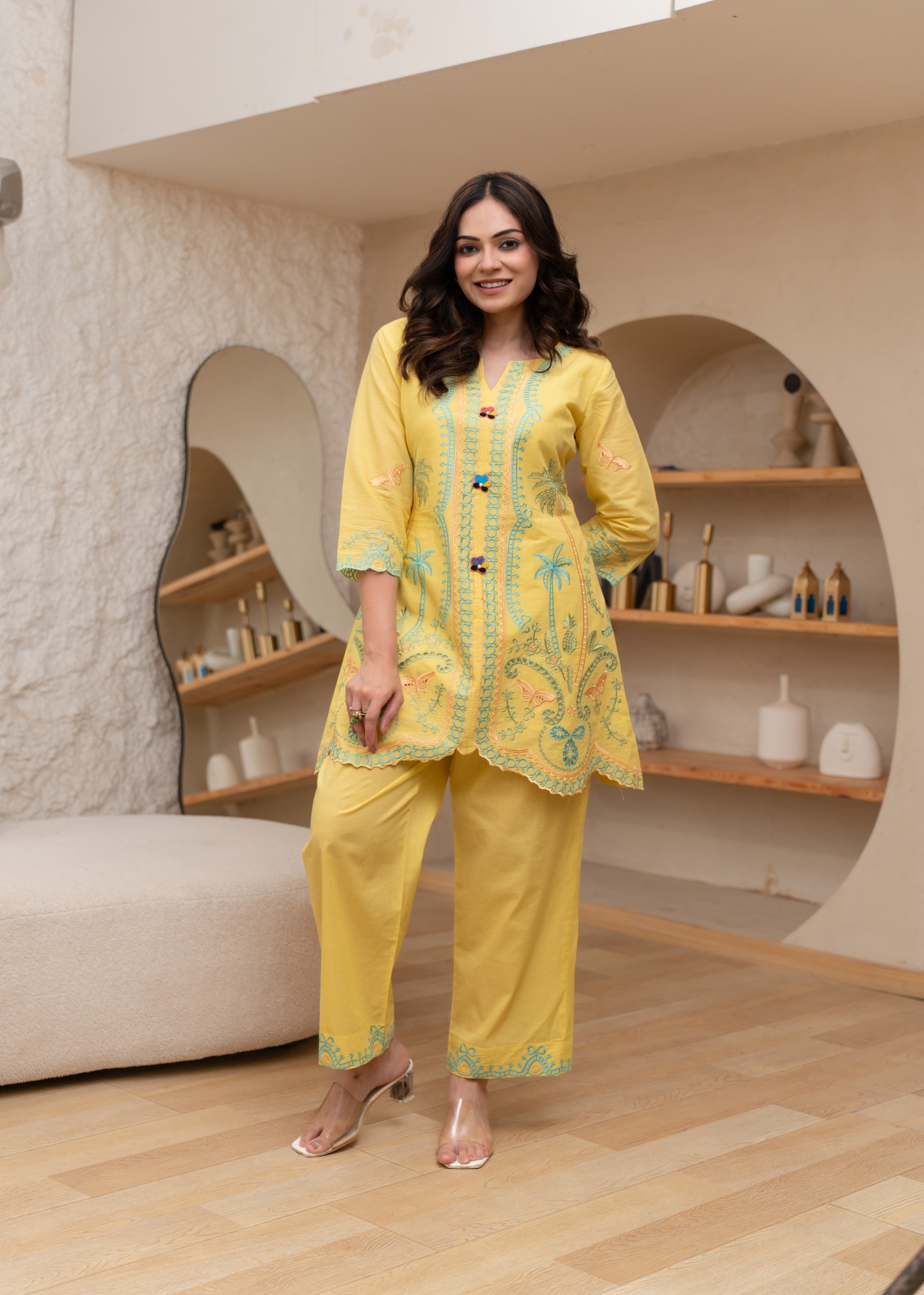 Bright Yellow Embroidered Cotton Co-ord Set