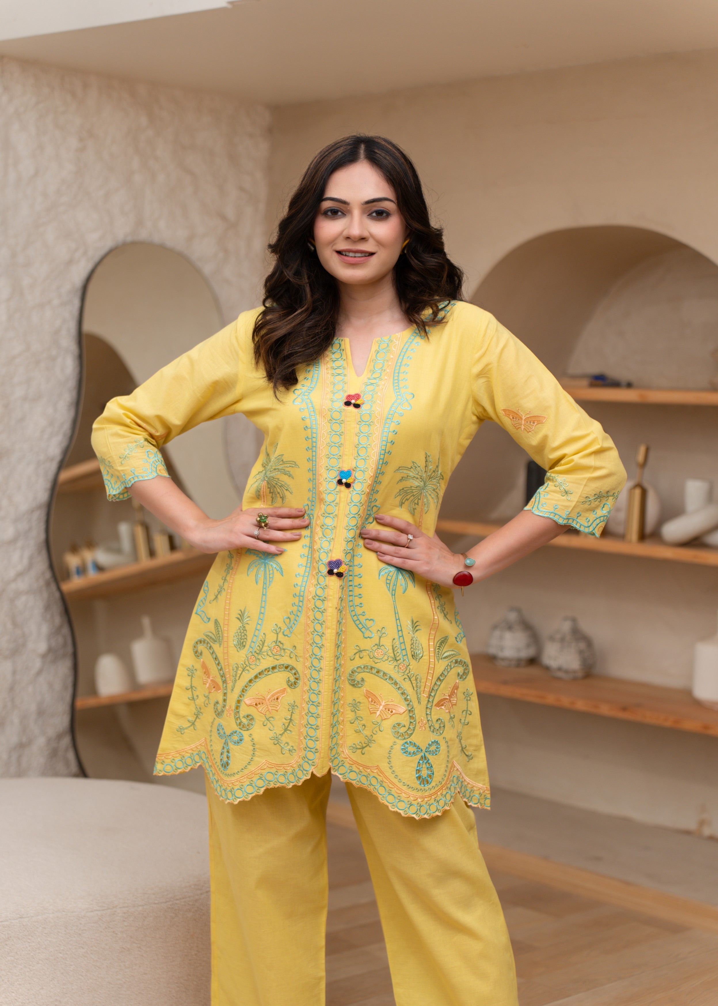 Bright Yellow Embroidered Cotton Co-ord Set