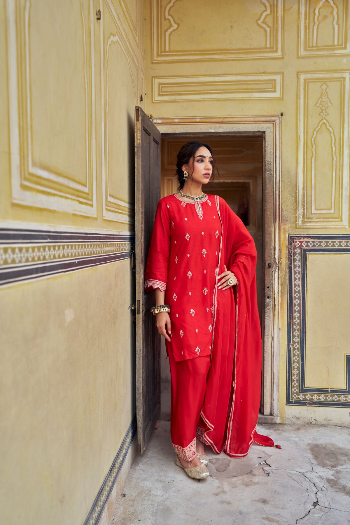 Scarlet Red Embellished Dola Silk Farshi Salwar Set