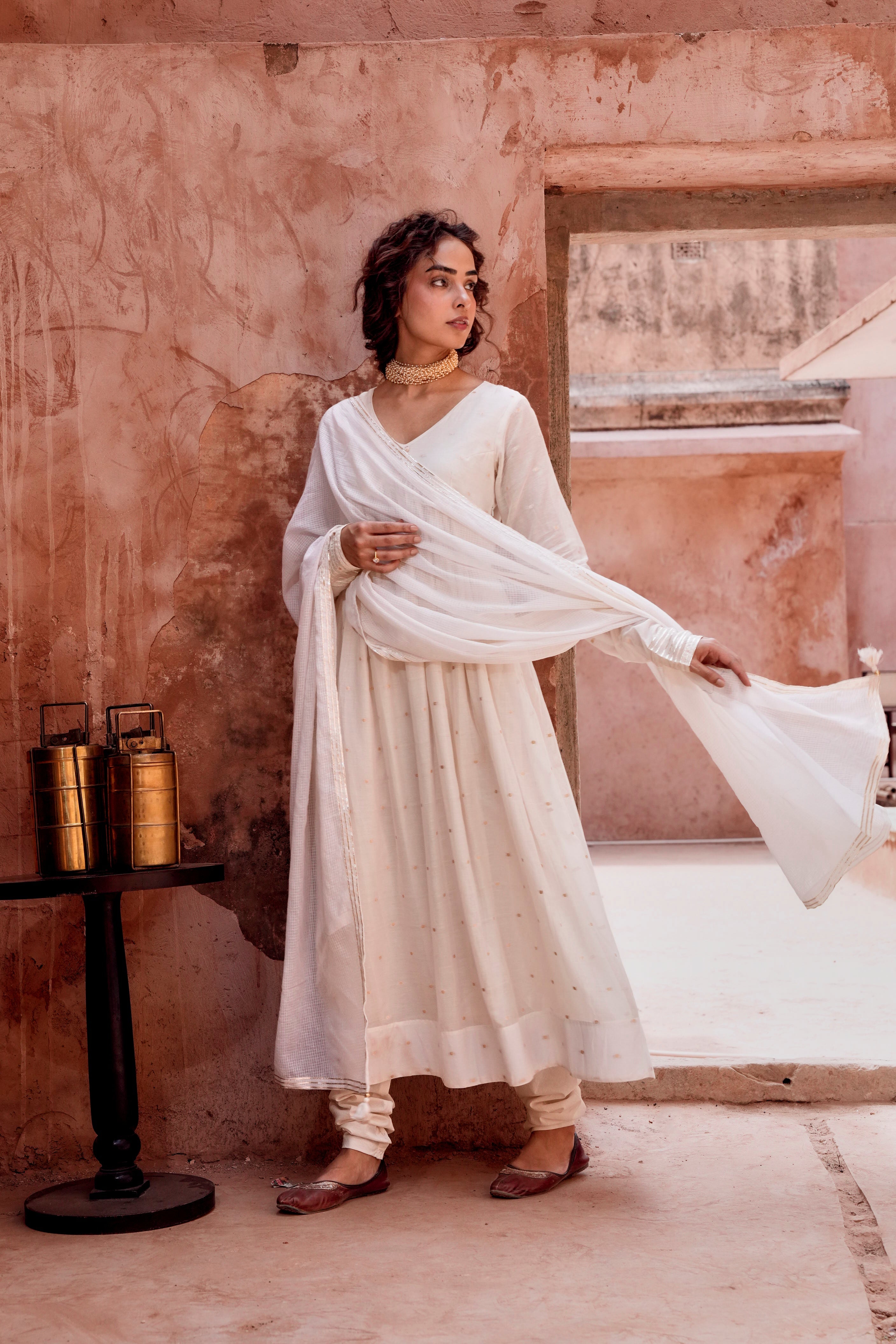 Off-White Zari Dotted Mul-Cotton Anarkali Set