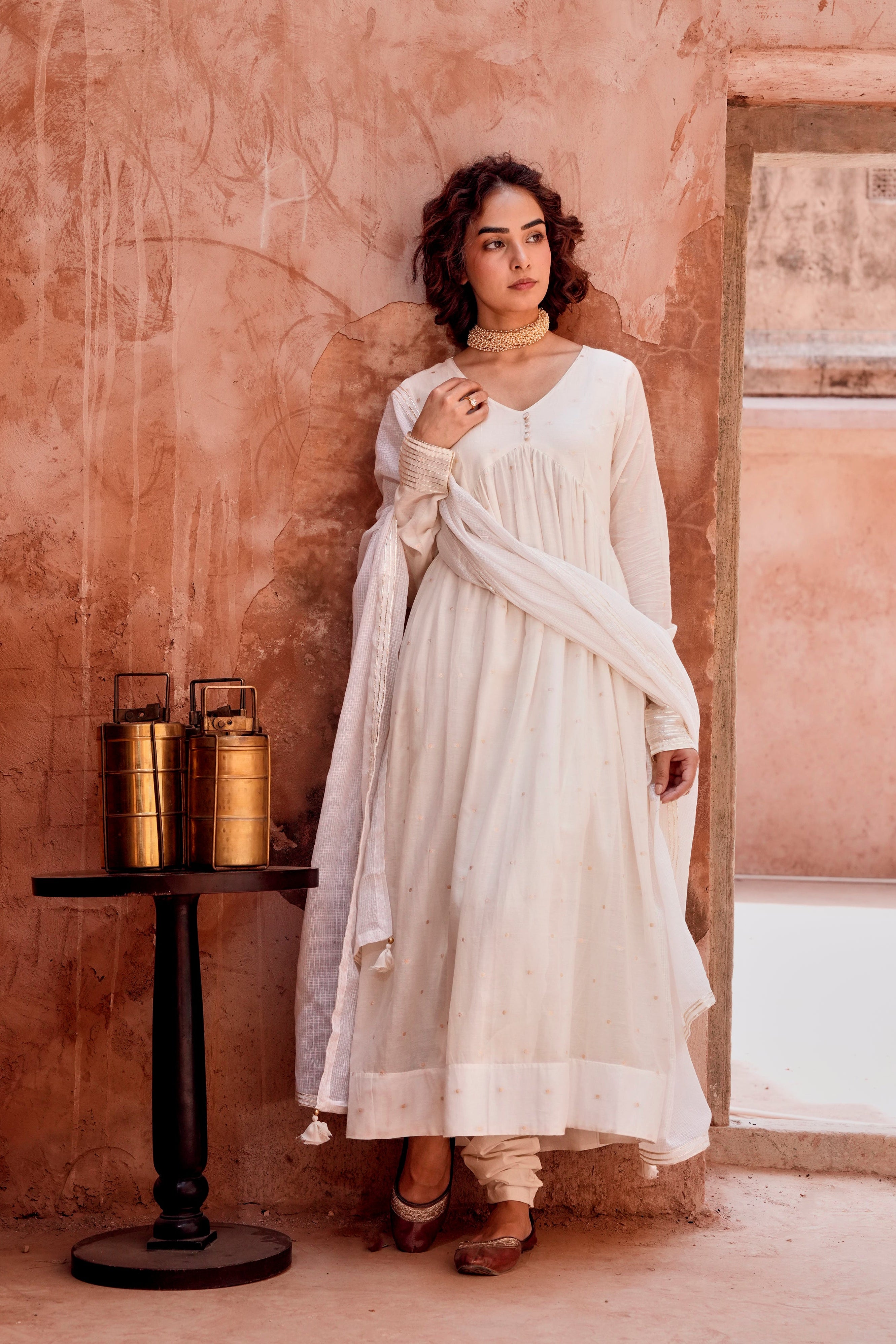 Off-White Zari Dotted Mul-Cotton Anarkali Set