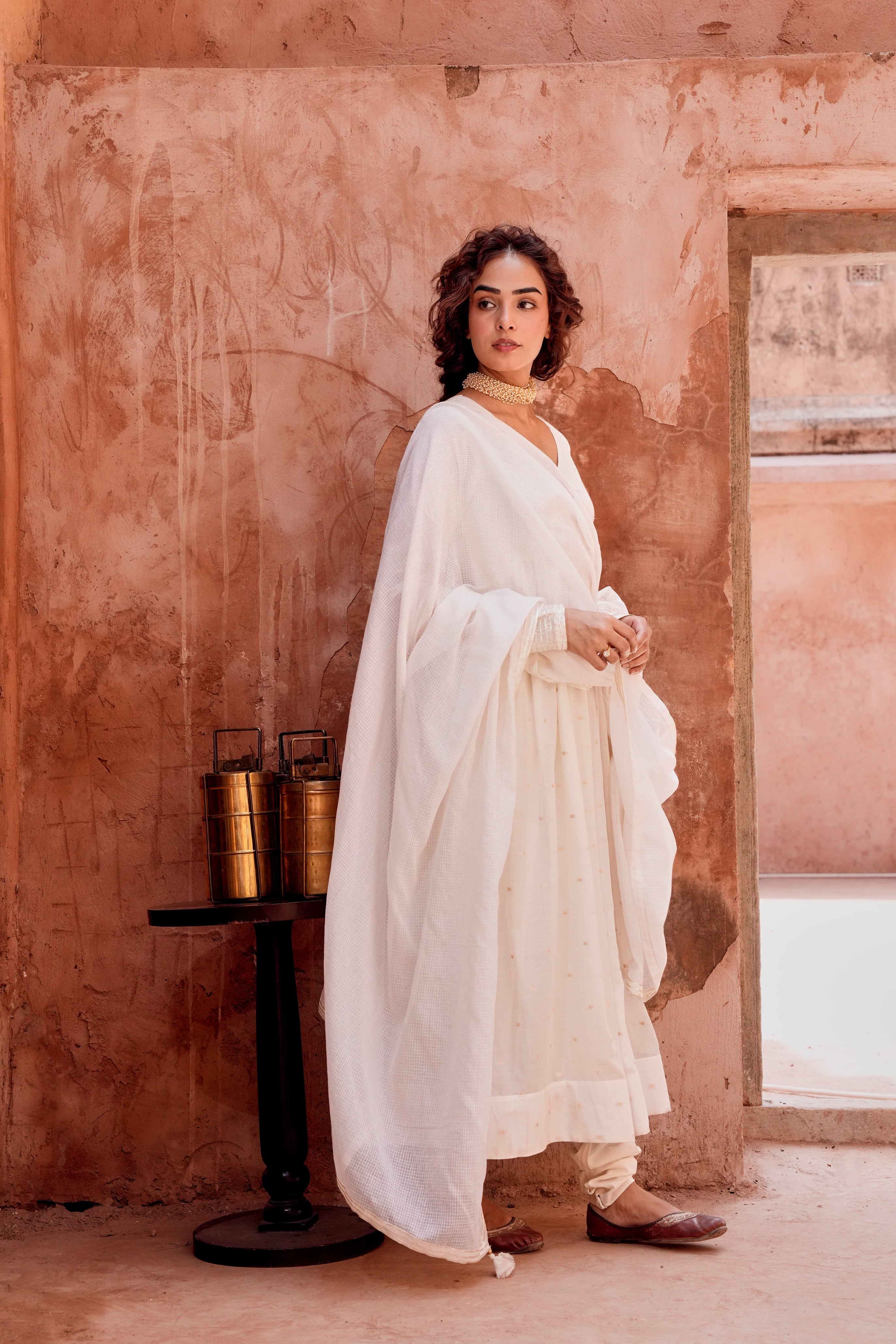 Off-White Zari Dotted Mul-Cotton Anarkali Set