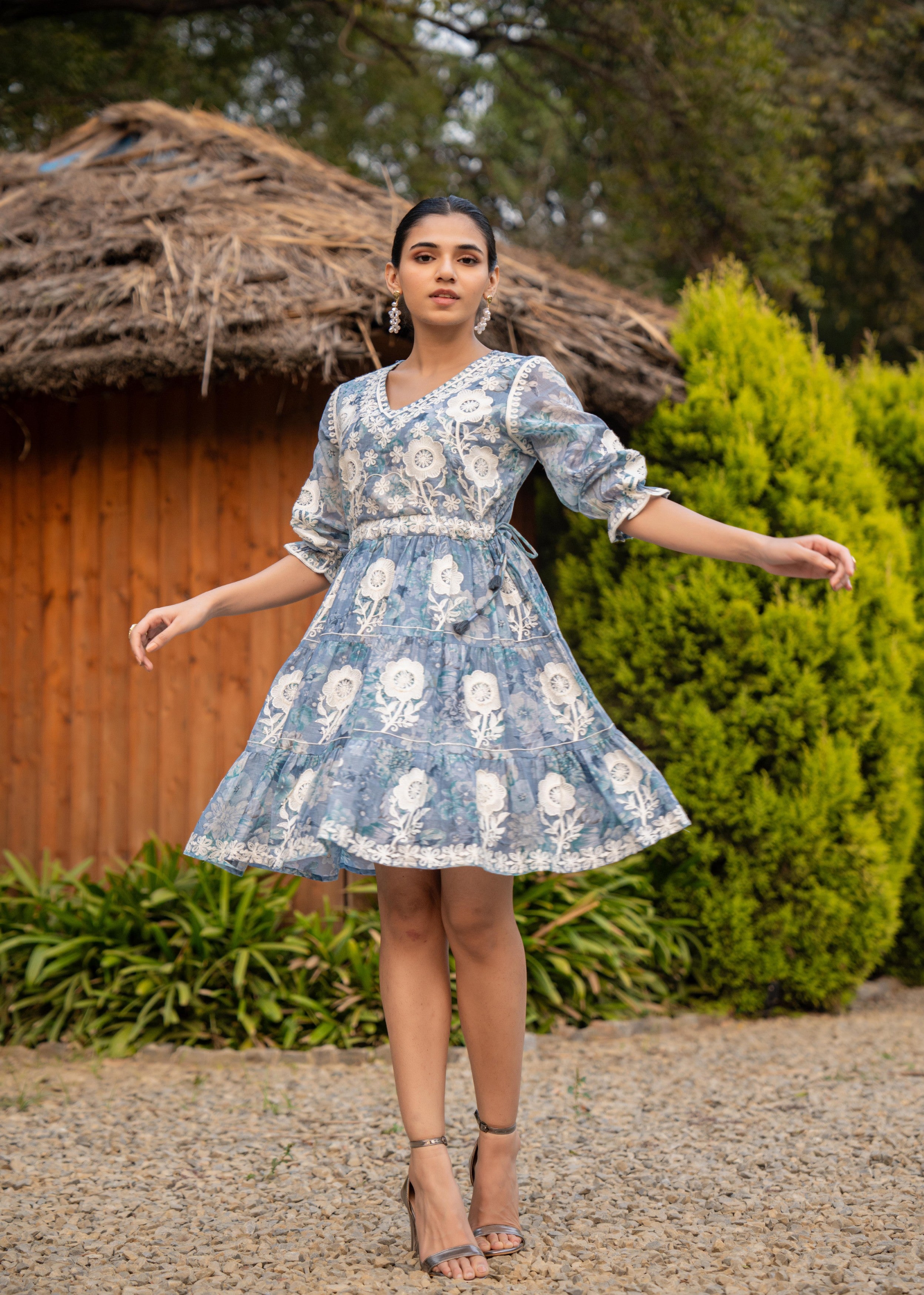 Dusty Blue Floral Embroidered Tiered Dress