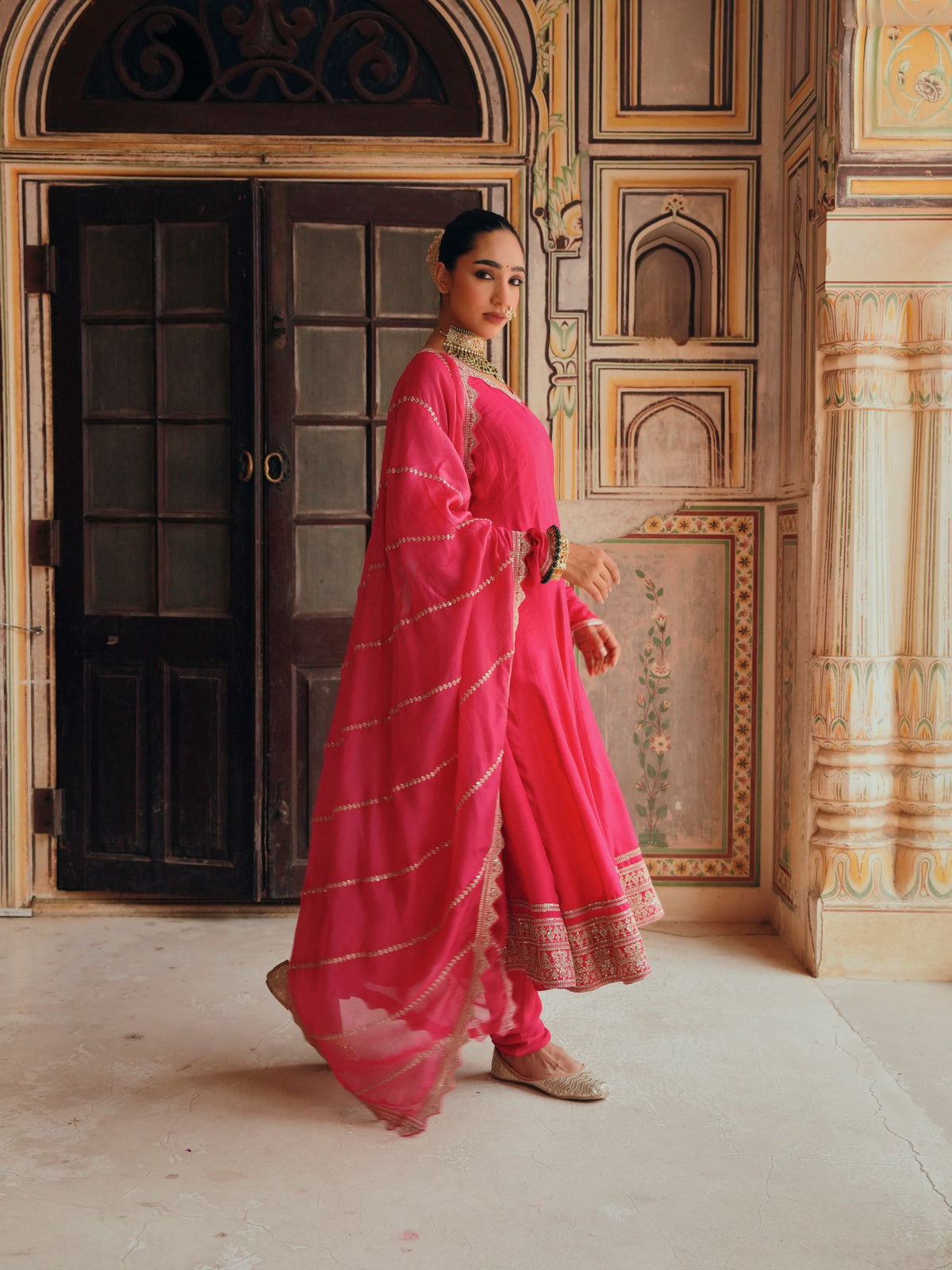 Rani Pink Embellished Dola Silk Anarkali Set