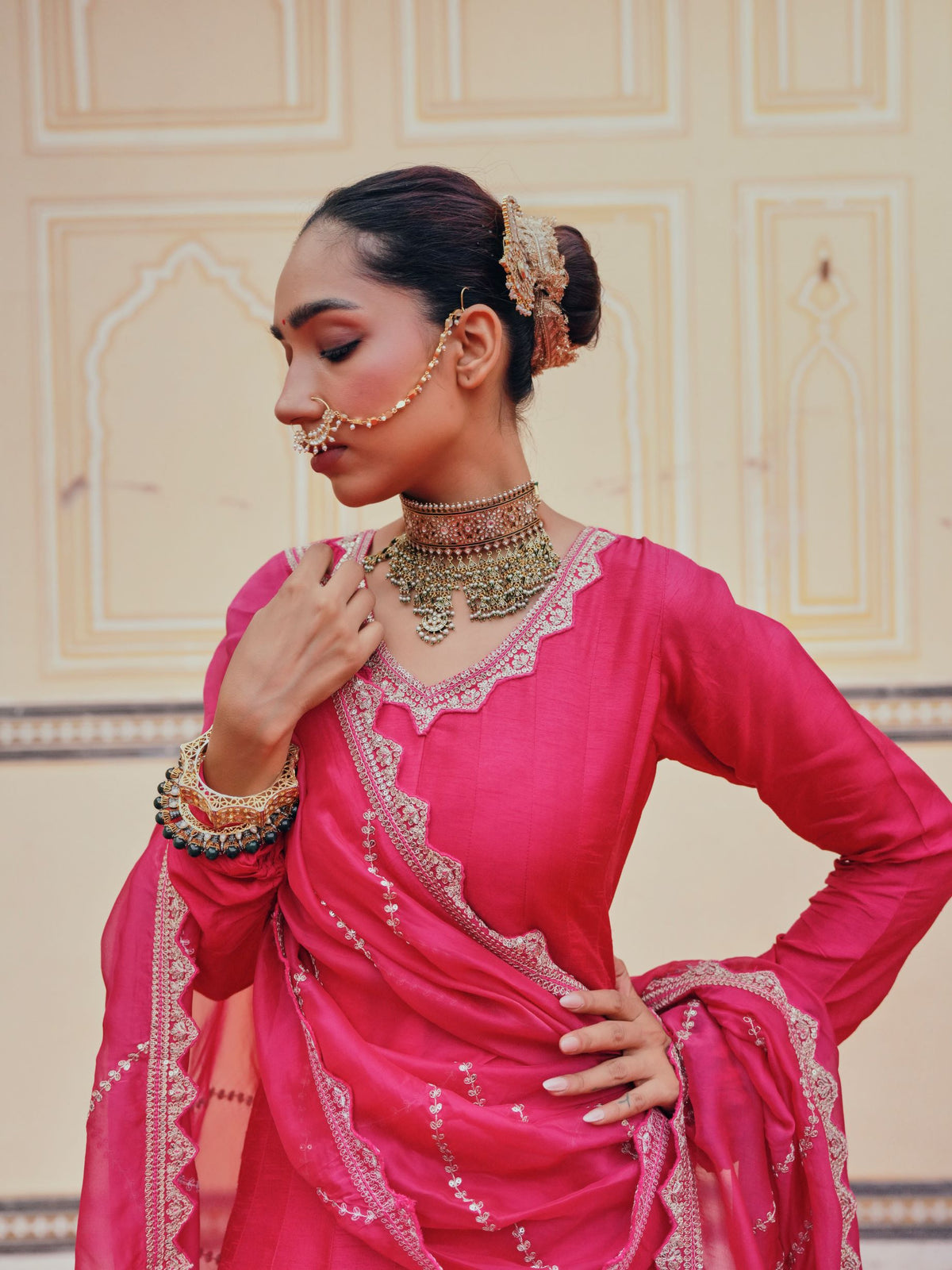 Rani Pink Embellished Dola Silk Anarkali Set