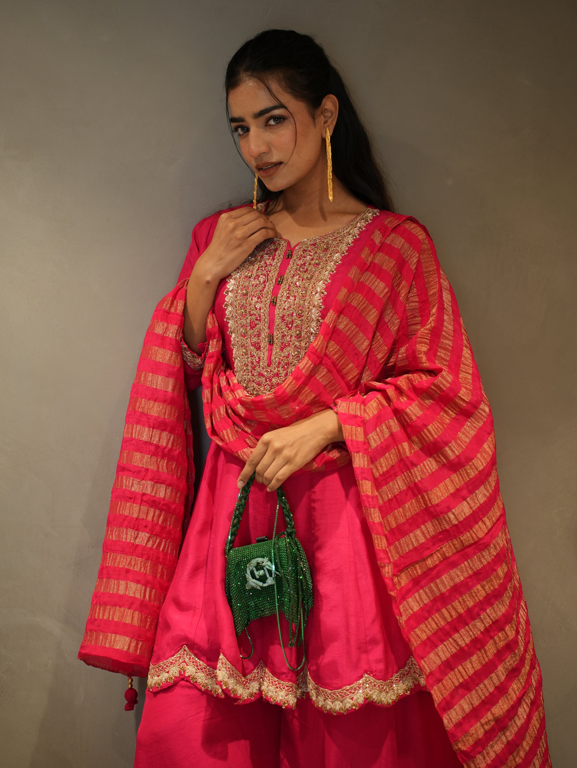 Fuchsia Grace Embellished Premium Silk Palazzo Set