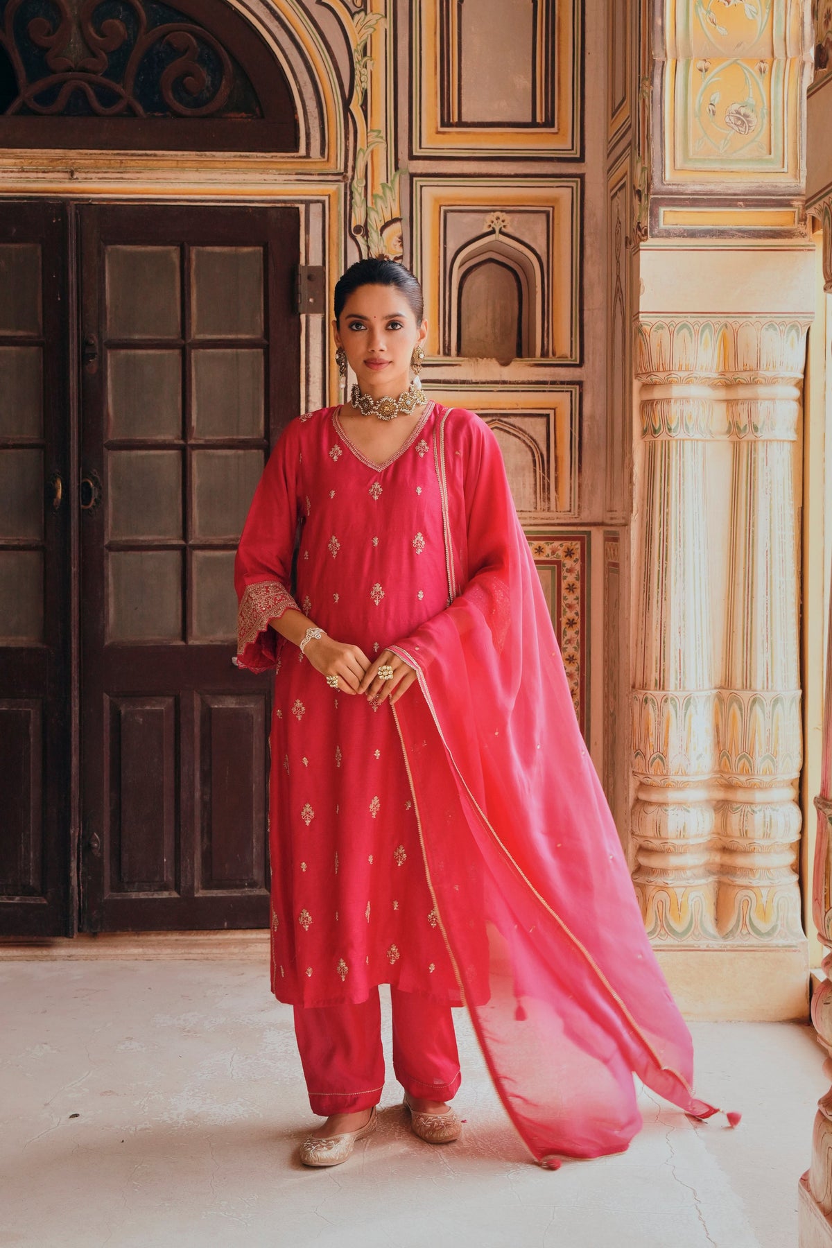 Rani Pink Embellished Dola Silk Pant Set