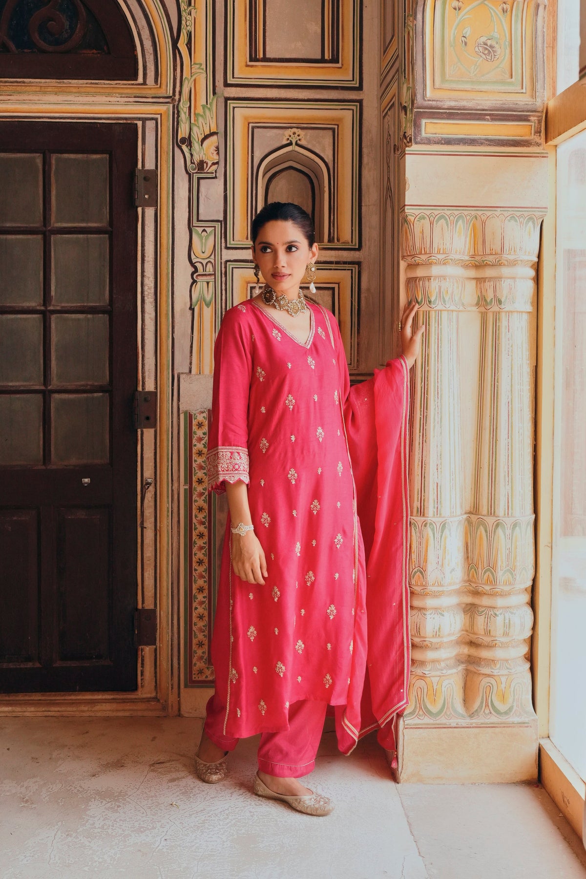 Rani Pink Embellished Dola Silk Pant Set