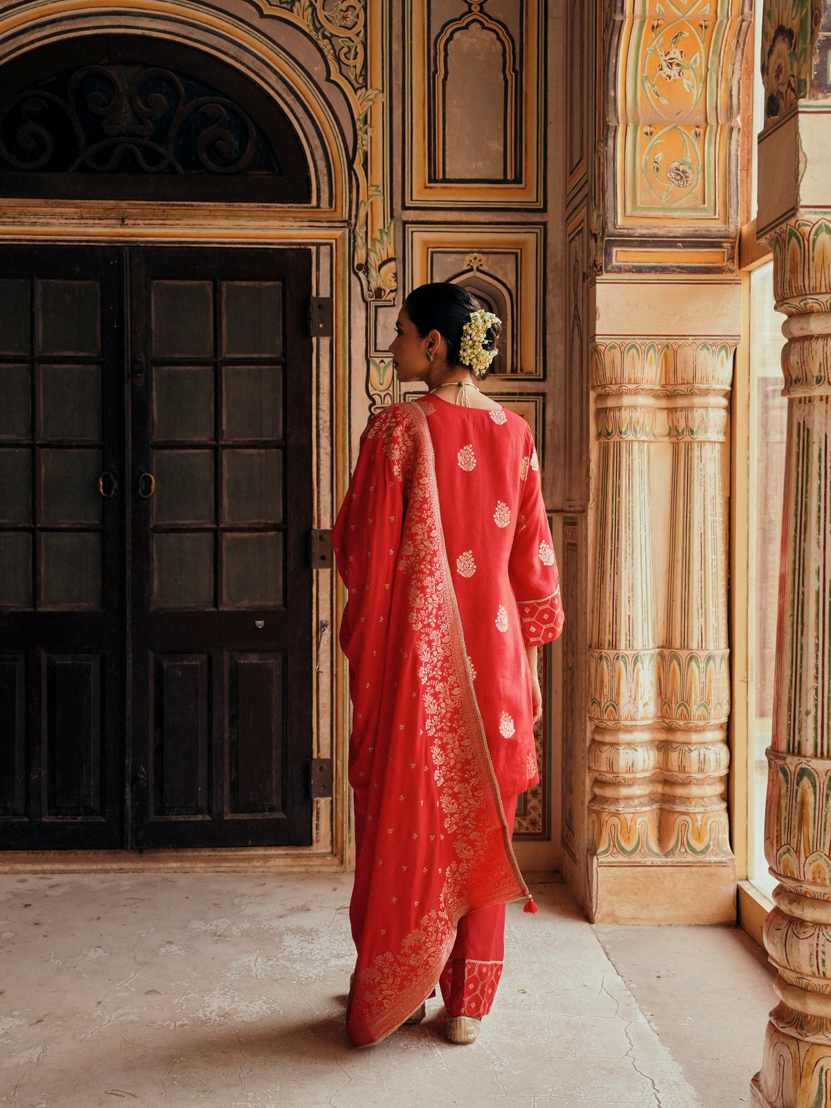Red Embellished Banarasi Silk Salwar Set