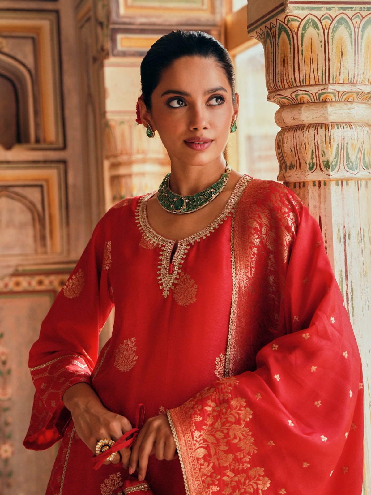 Red Embellished Banarasi Silk Salwar Set