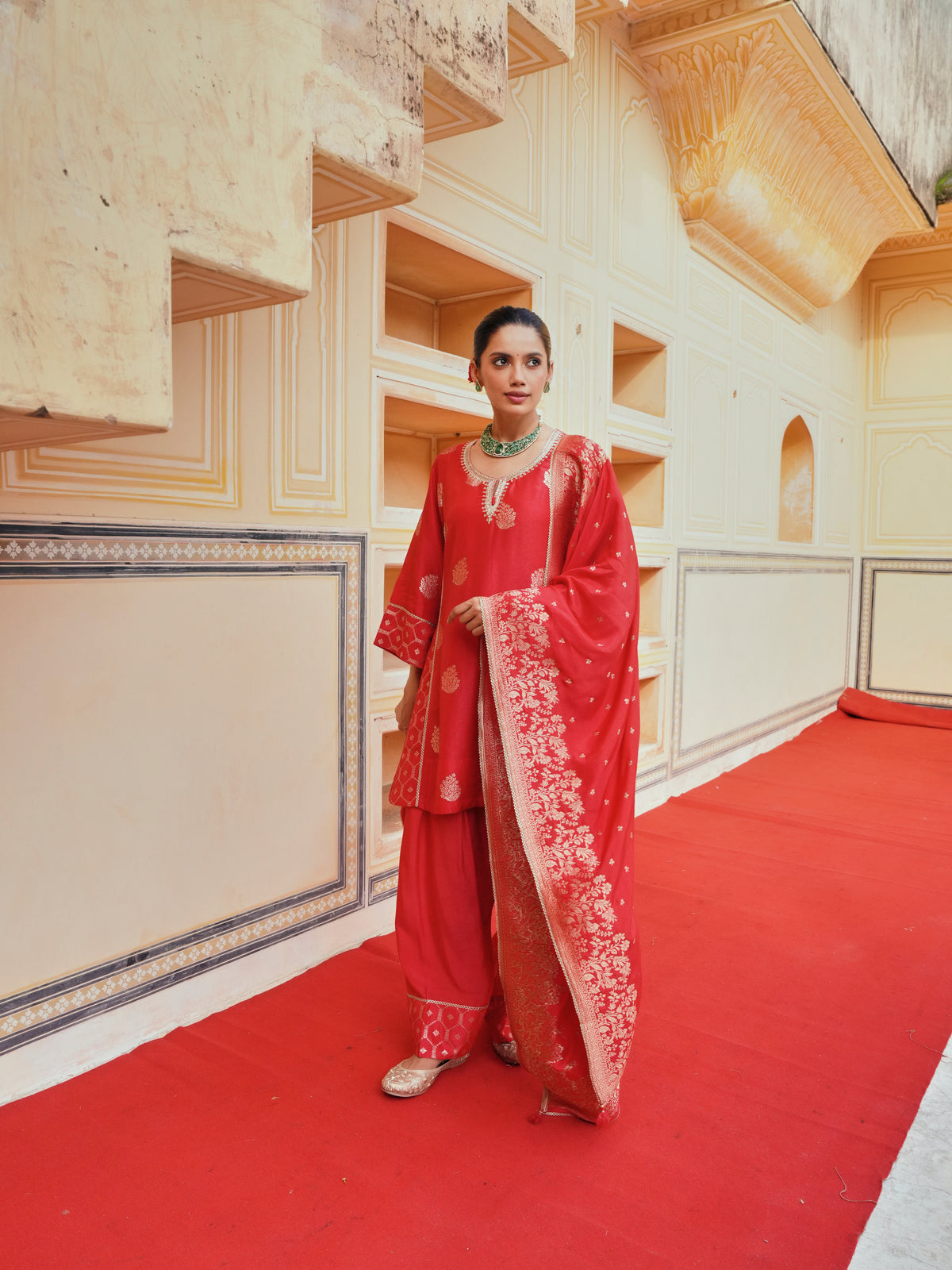 Red Embellished Banarasi Silk Salwar Set