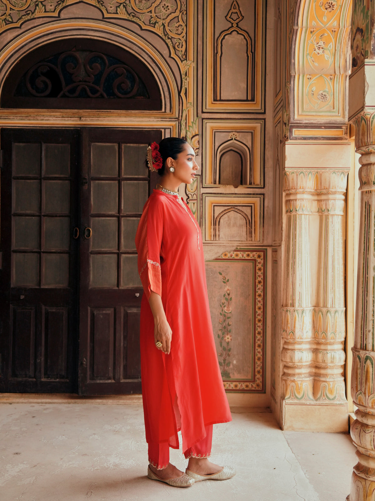 Red Embellished Tabby Silk Kurta Set
