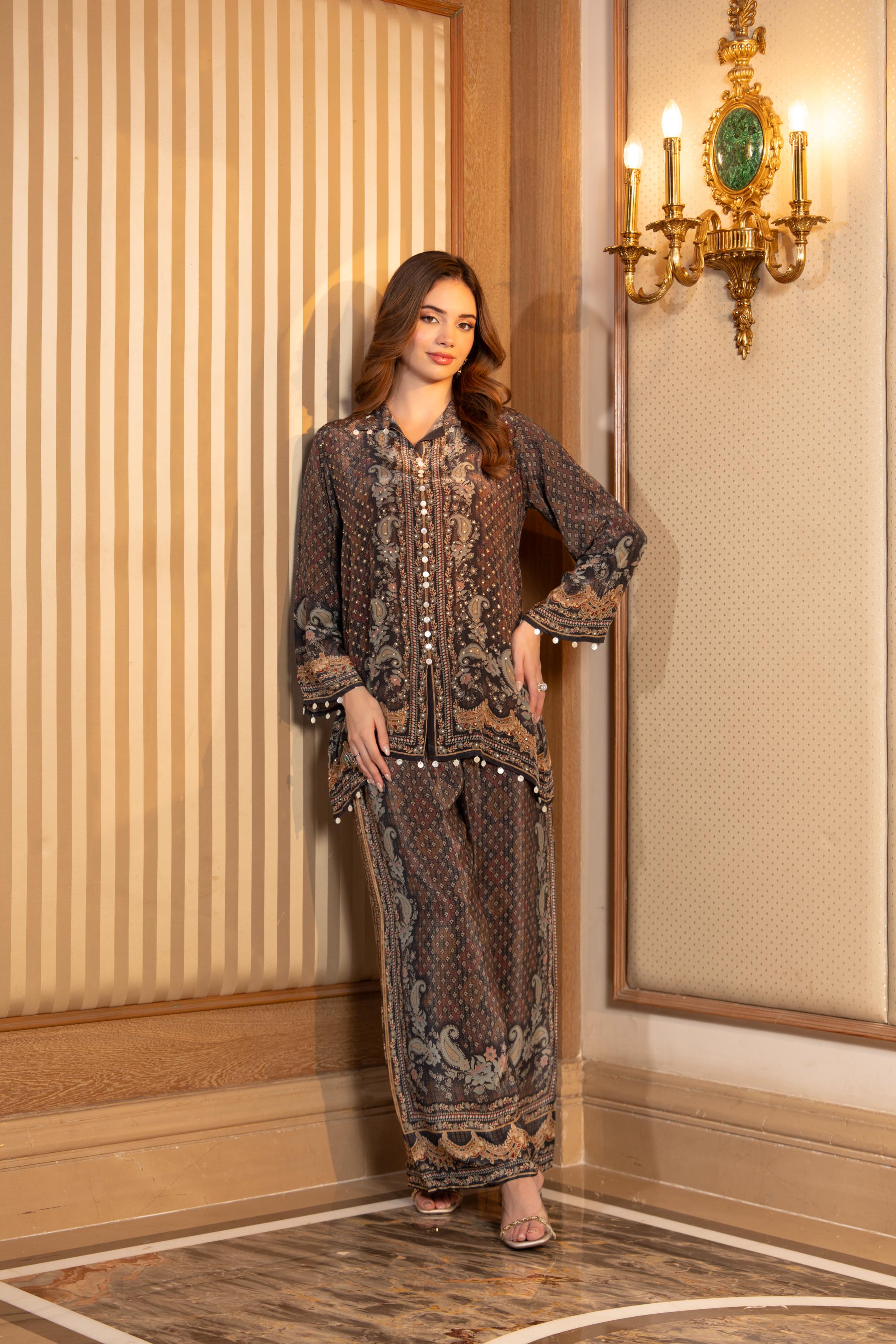 Espresso Brown Printed Crepe Silk Co-ord Set