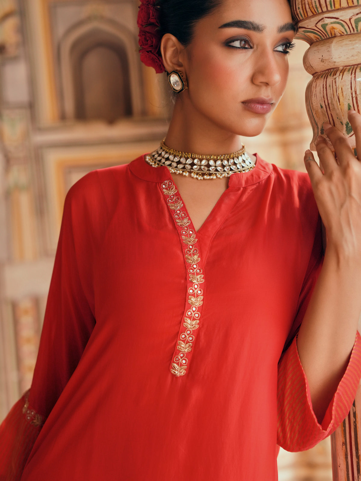 Red Embellished Tabby Silk Kurta Set