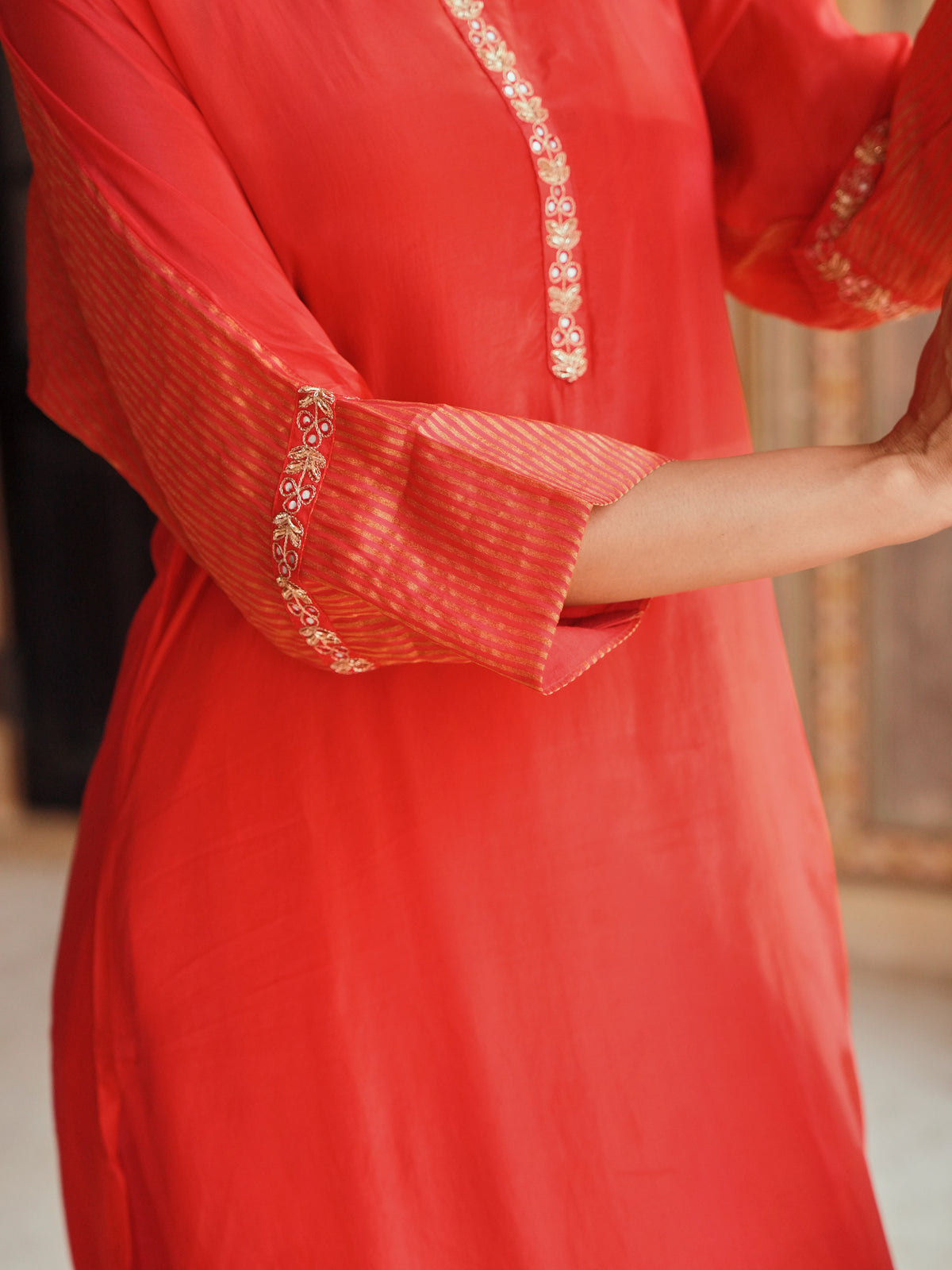 Red Embellished Tabby Silk Kurta Set