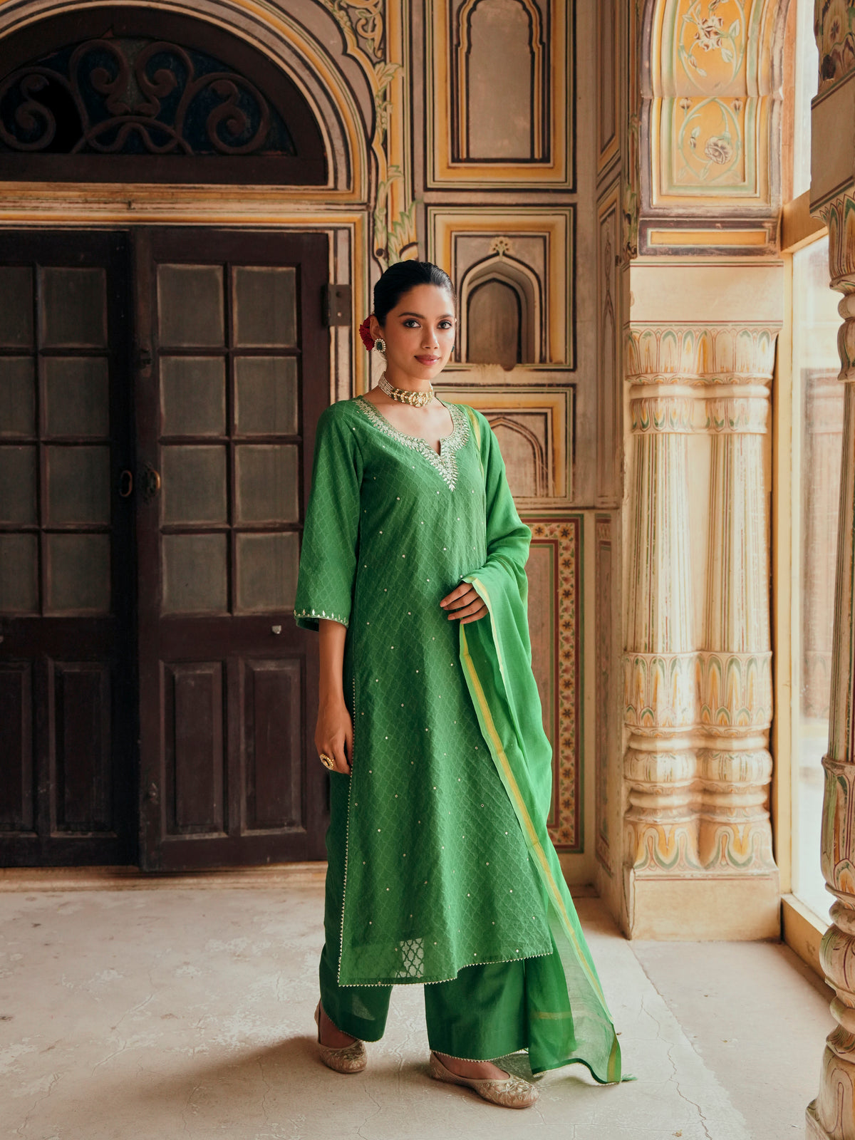 Emerald Green Embellished Banarasi Cotton Patola Kurta Set