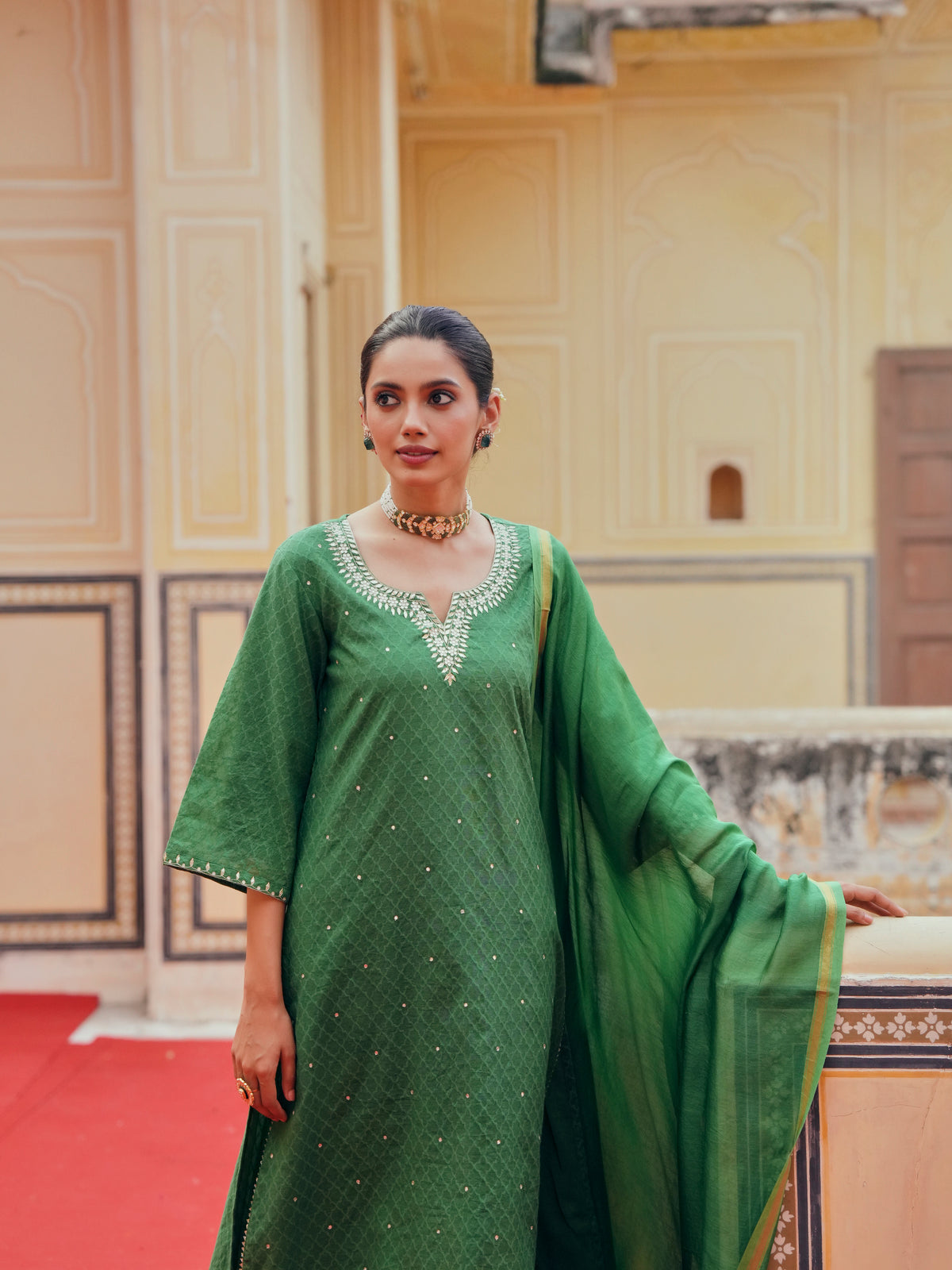 Emerald Green Embellished Banarasi Cotton Patola Kurta Set