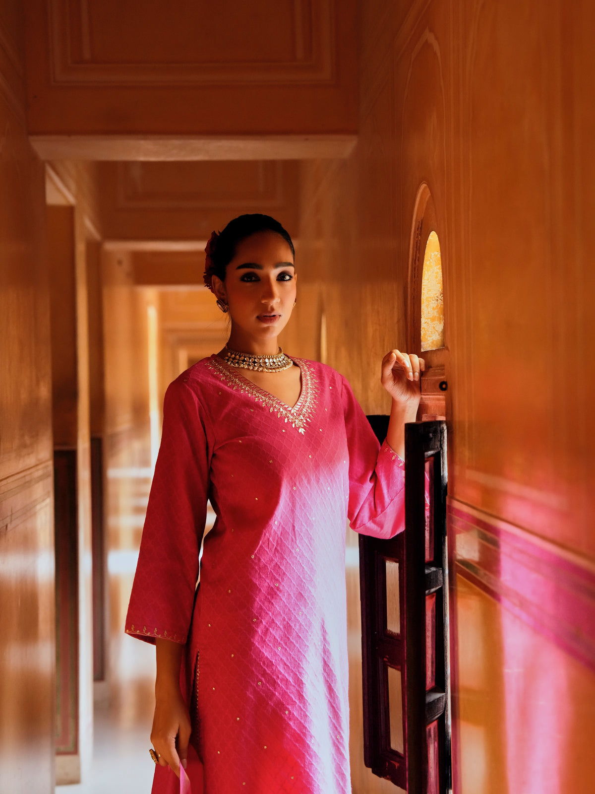 Bright Pink  Embellished Banarasi Cotton Patola Kurta Set