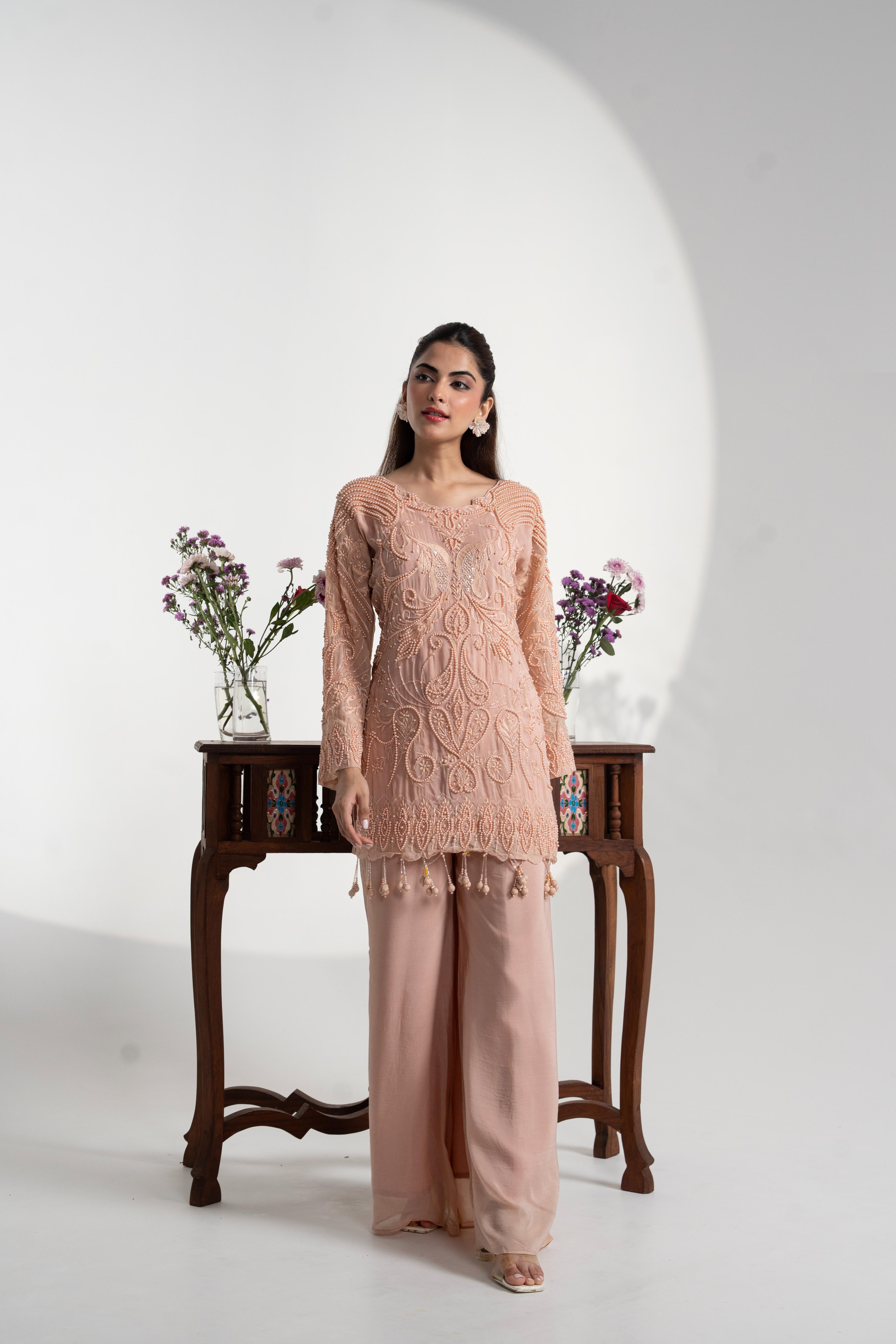 Dusty Rose Embellished Soft Organza Silk Palazzo Set