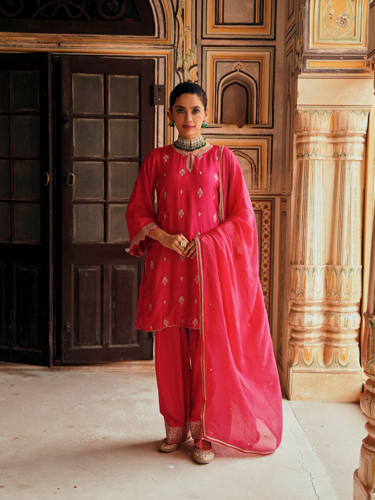 Rani Pink Embellished Dola Silk Farshi Salwar Set