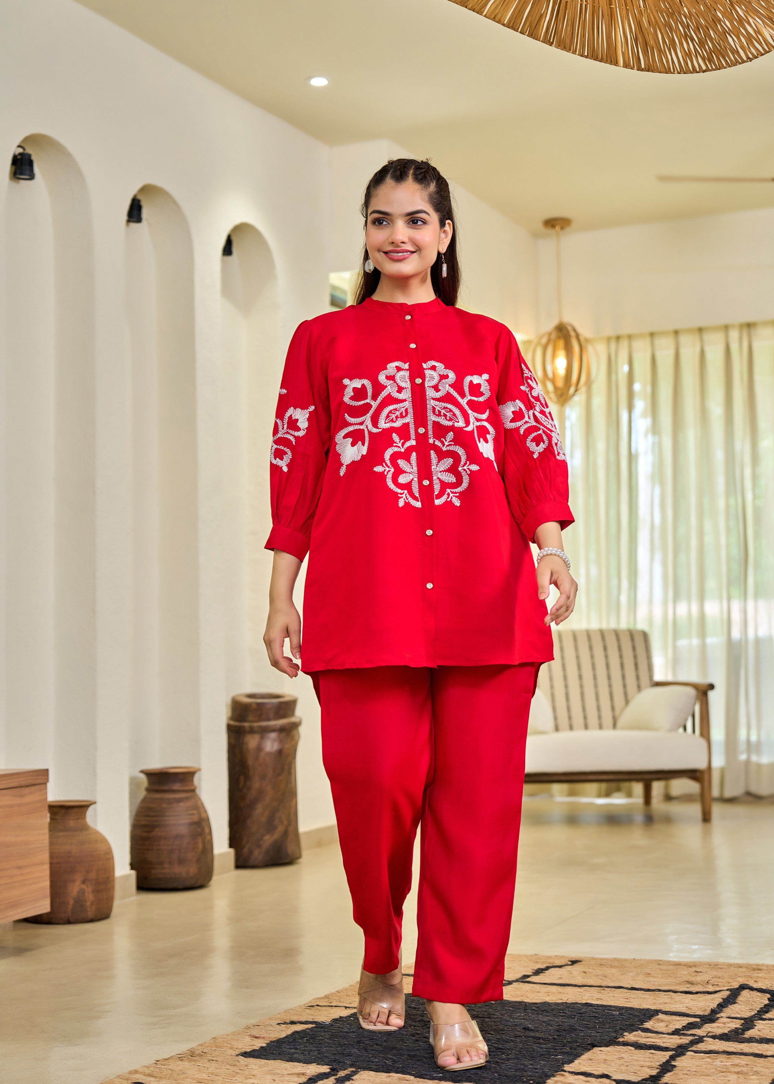 Crimson Mandala Embroidered Cotton Co-Ord Set