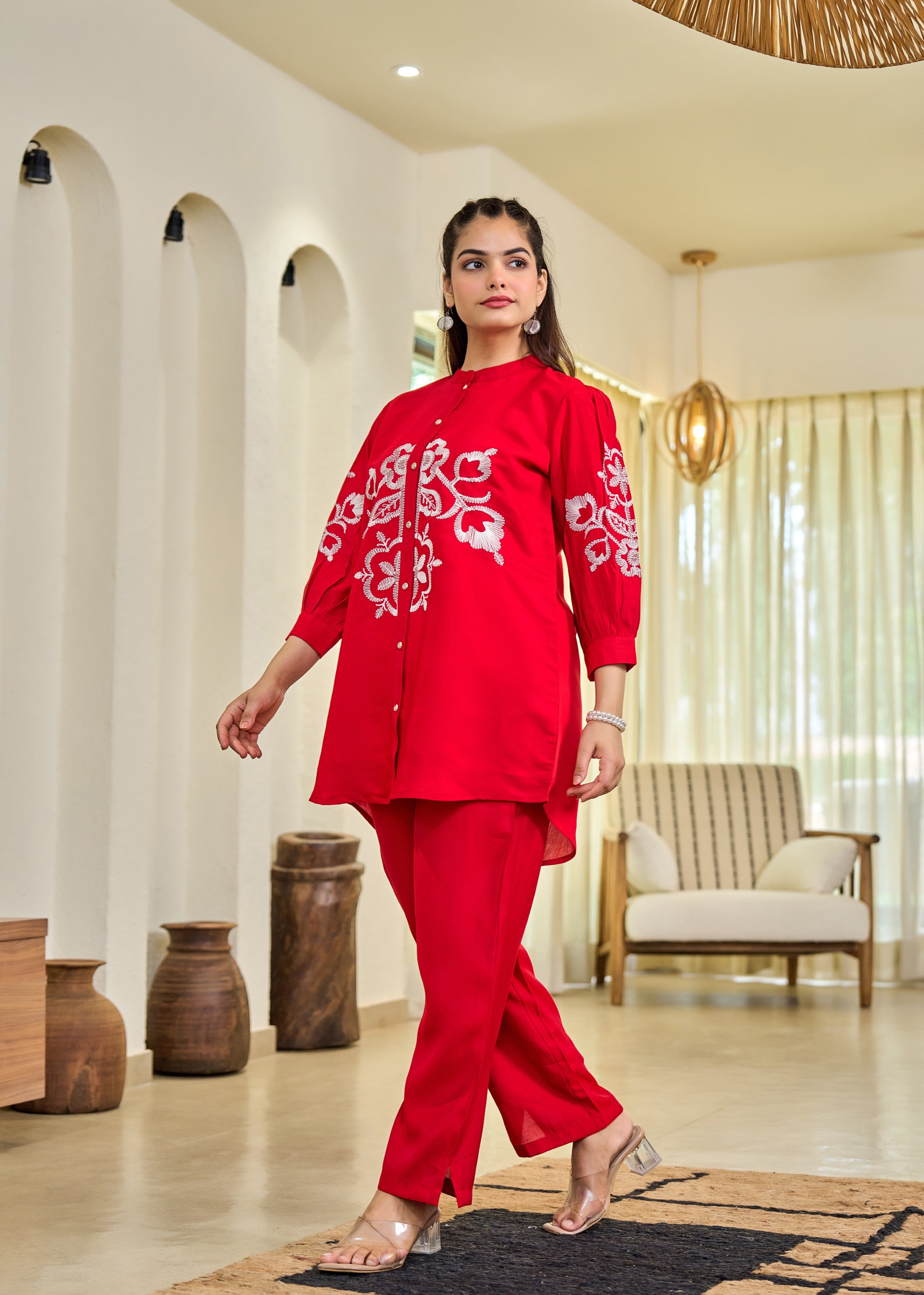 Crimson Mandala Embroidered Cotton Co-Ord Set