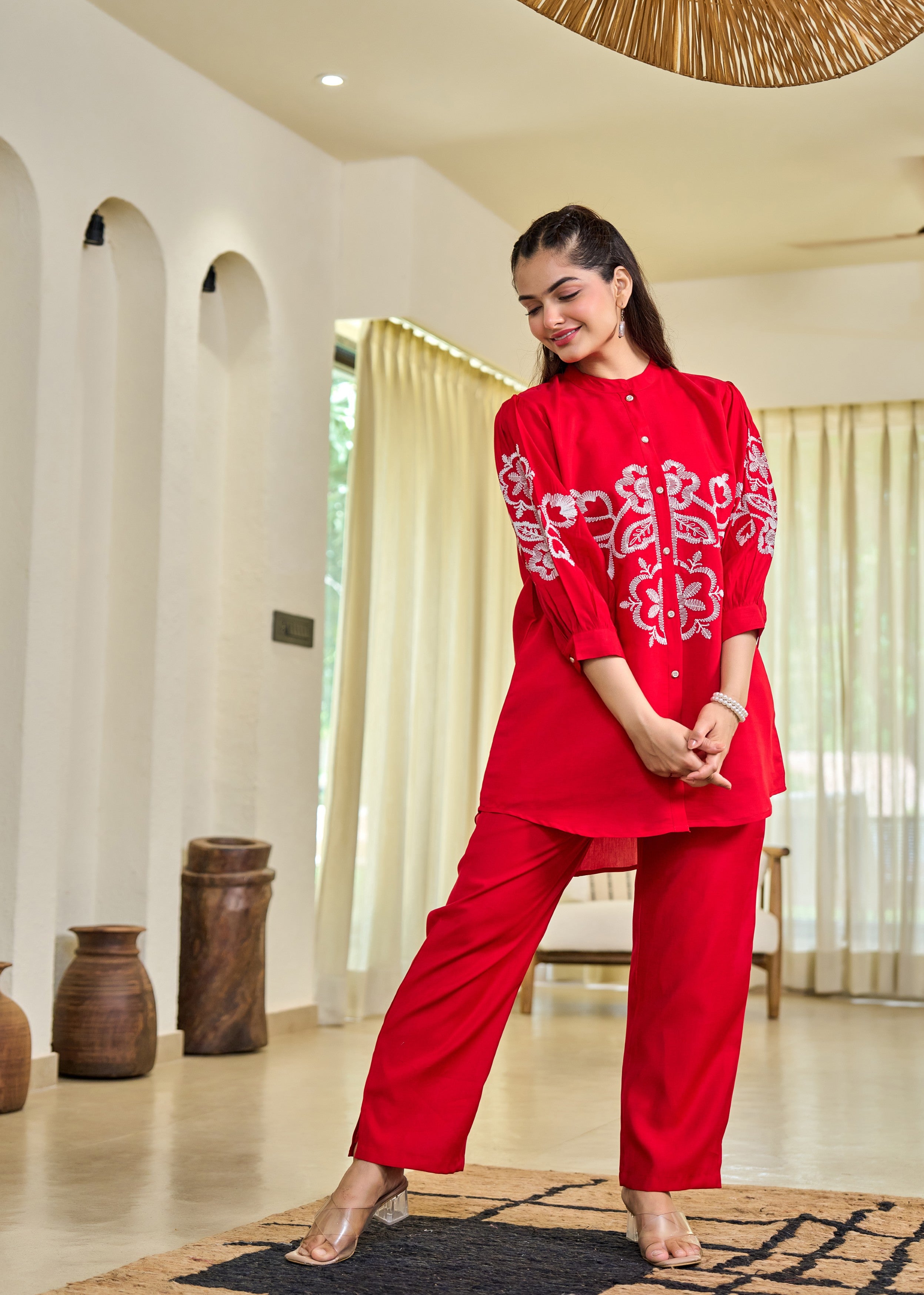 Crimson Mandala Embroidered Cotton Co-Ord Set