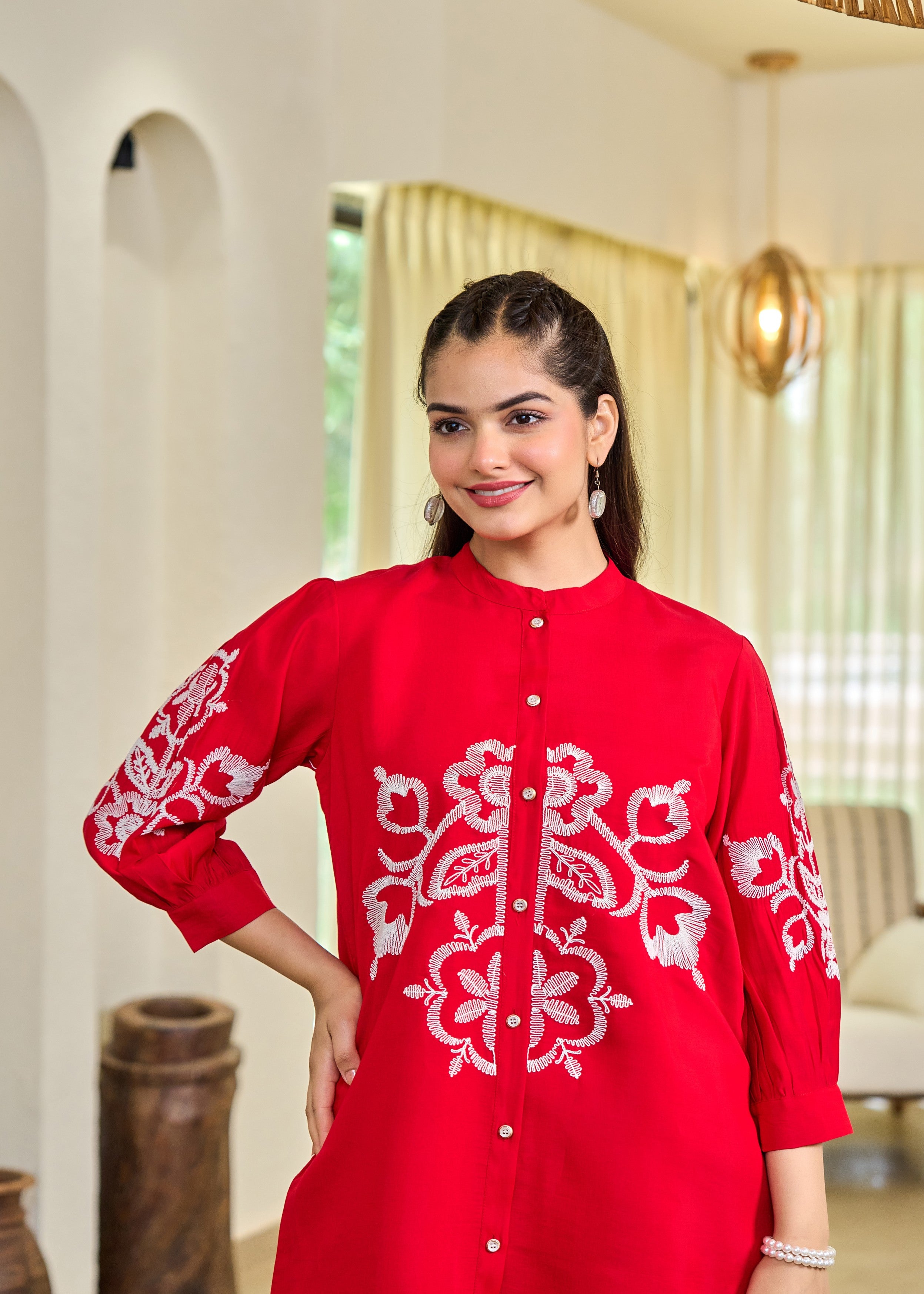 Crimson Mandala Embroidered Cotton Co-Ord Set