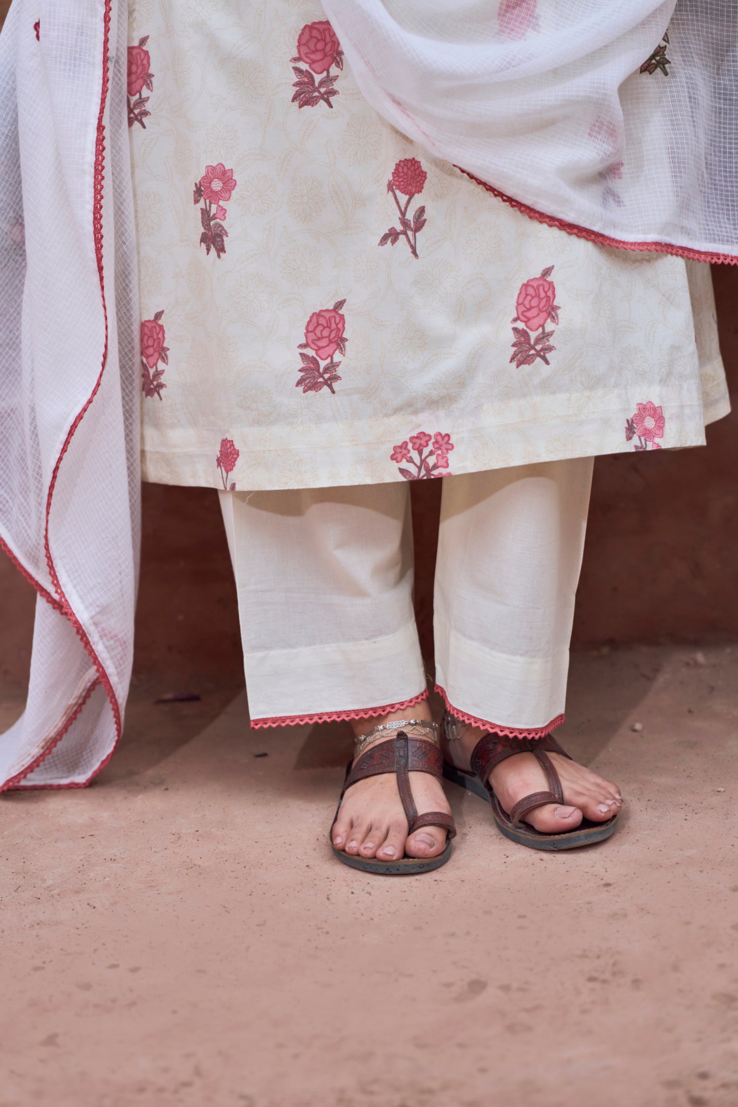 Roseate Bloom Off-White Printed Mul-Cotton Pant Set