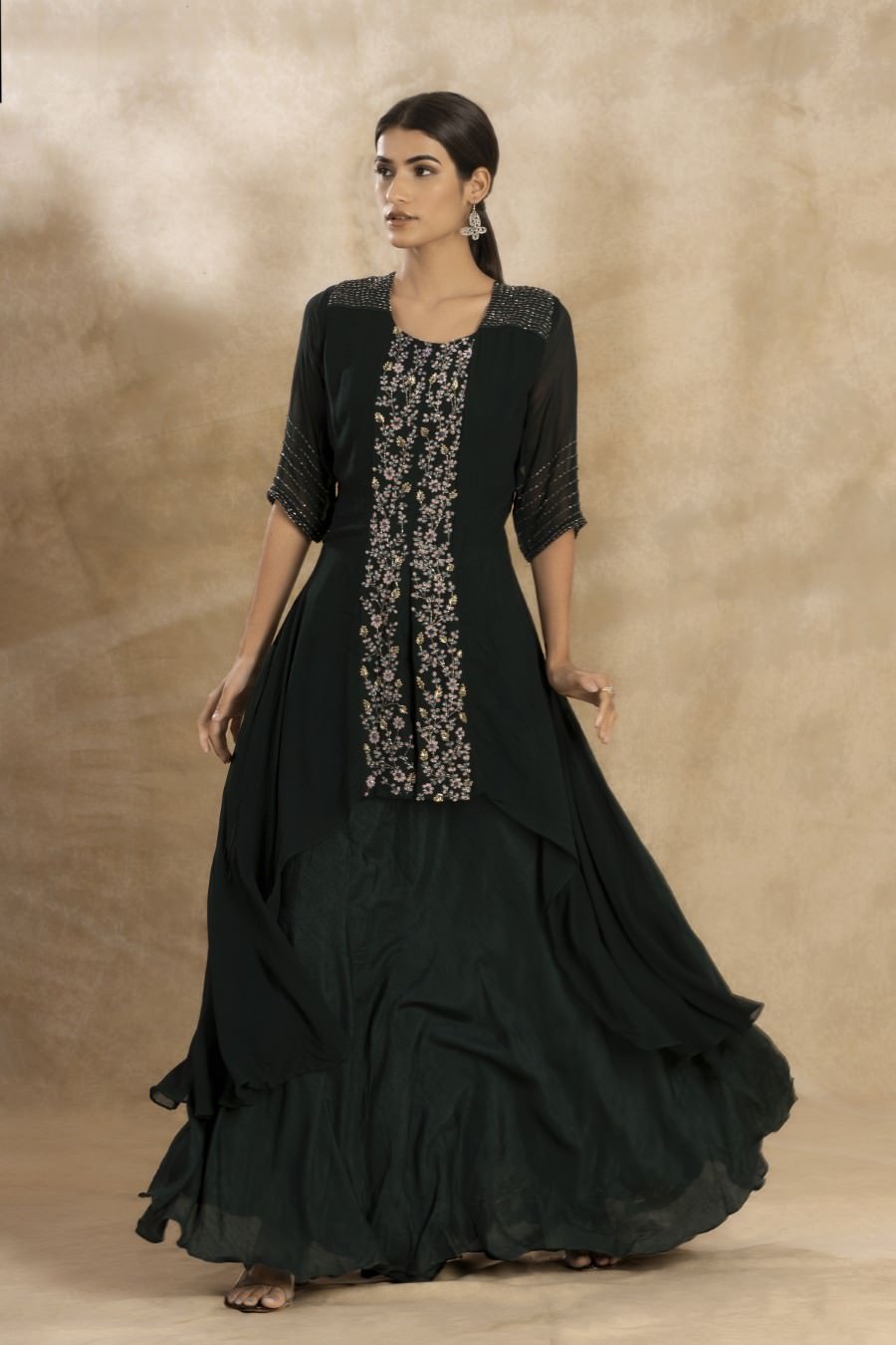 Emerald Green Dola Silk Embroidered Layer Gown