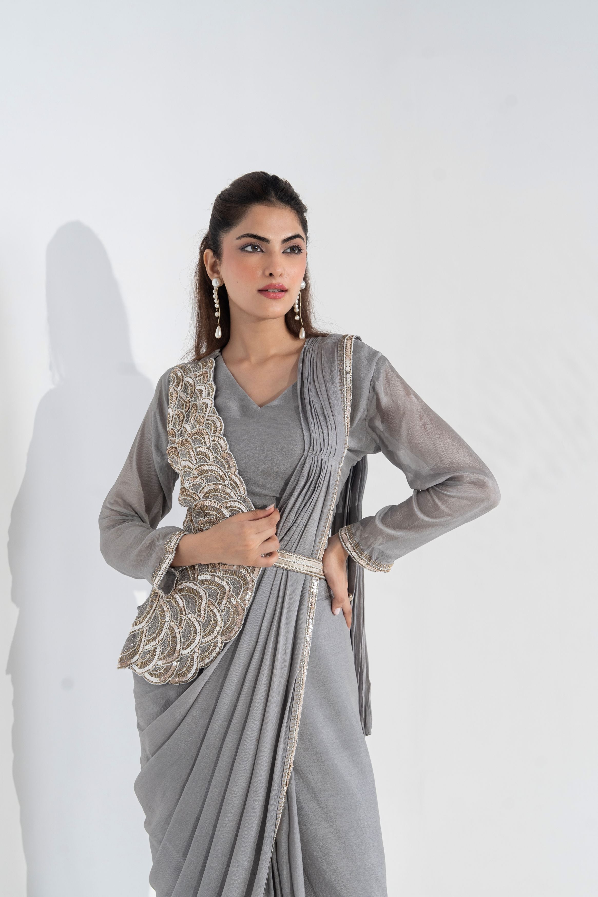 Graceful Grey Embellished Pre-Draped Saree with Handcrafted Jacket