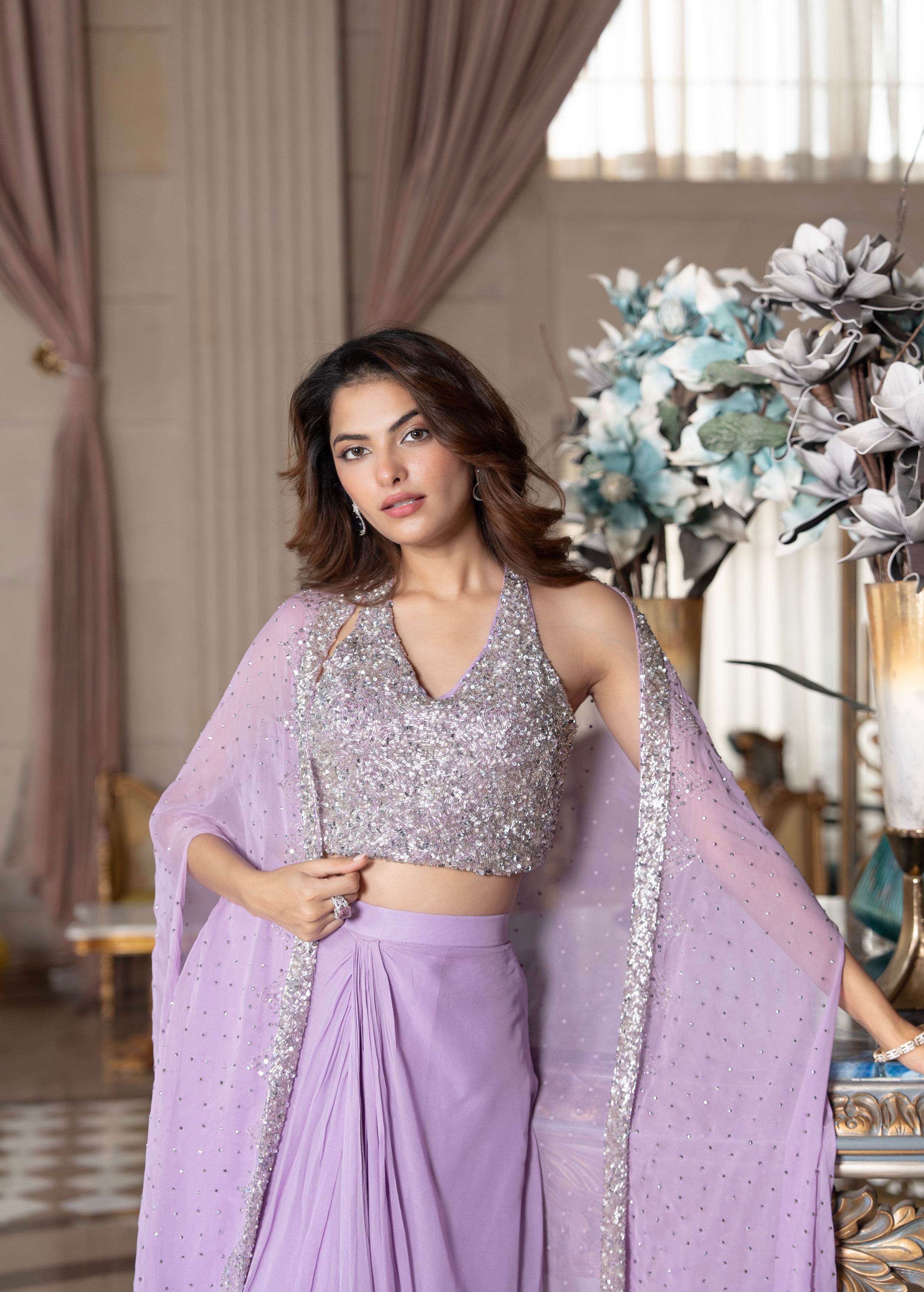 Lavender Embellished Georgette Silk Cape Set