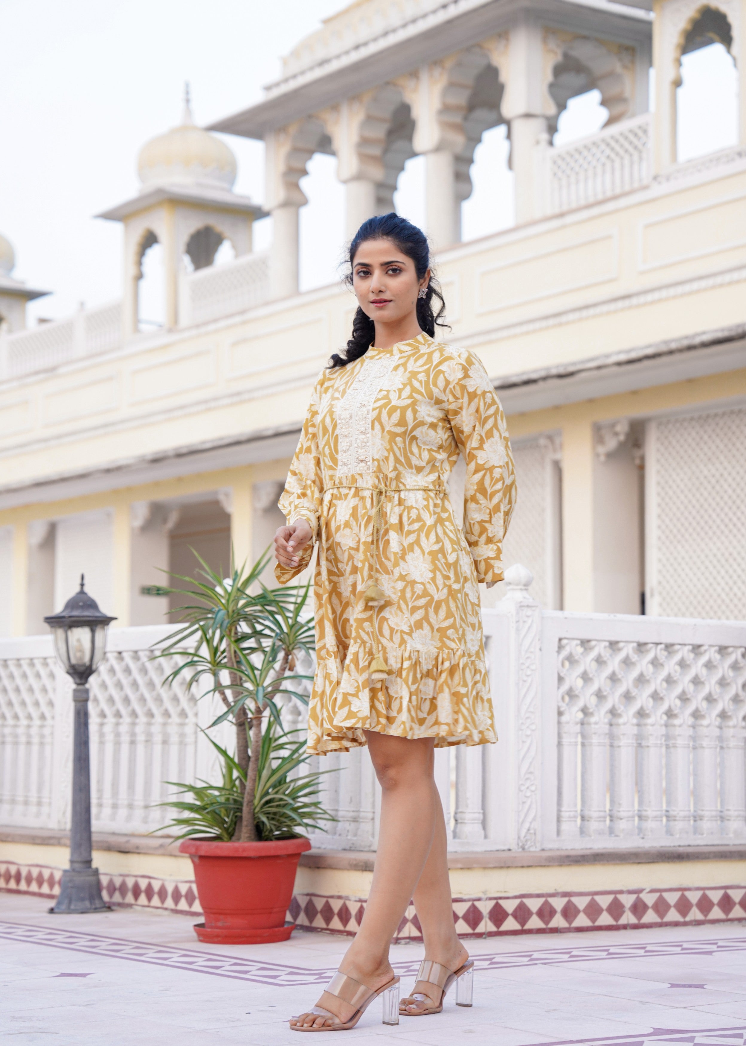 Mustard Yellow Floral Embroidered Cotton Dress