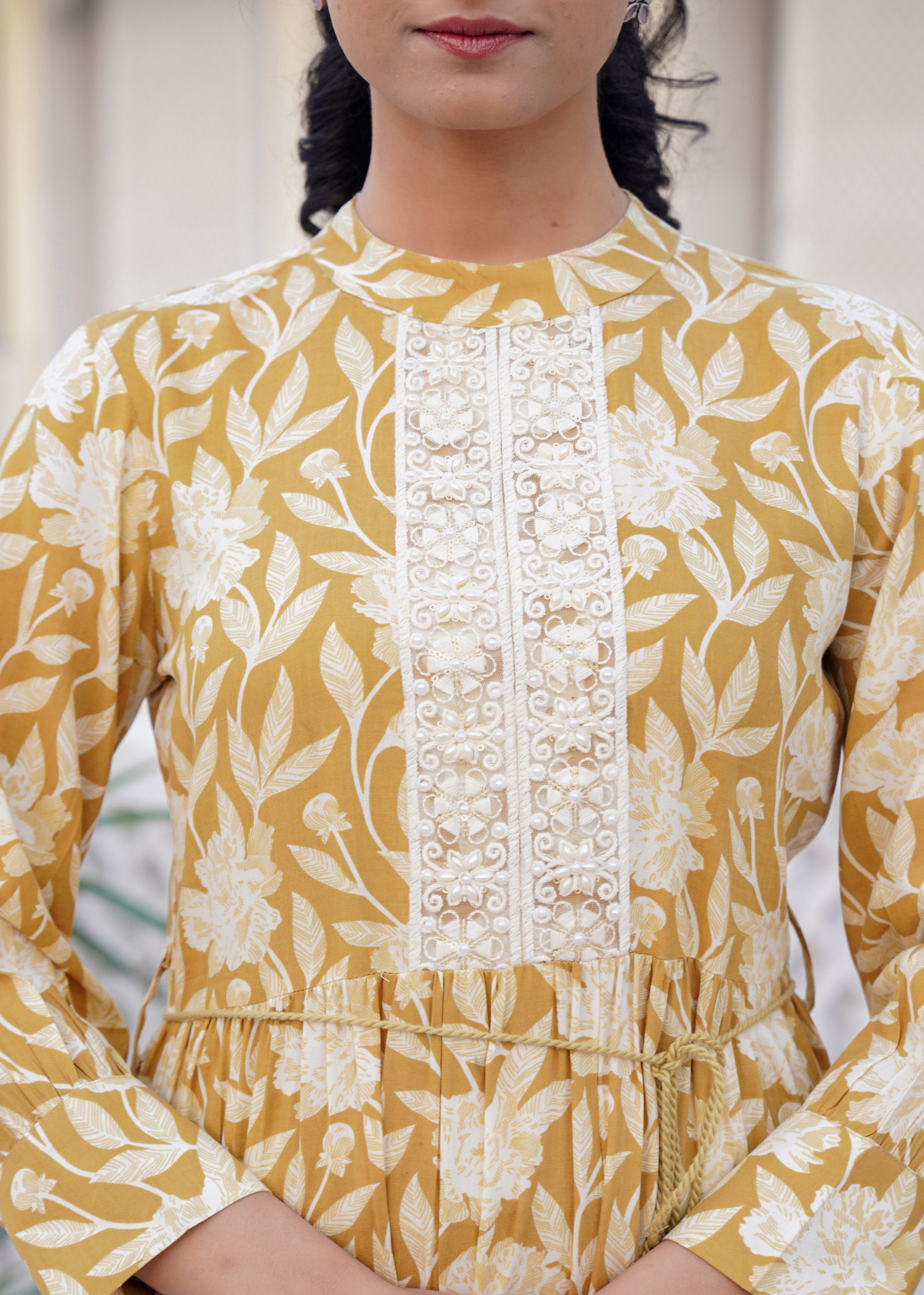 Mustard Yellow Floral Embroidered Cotton Dress