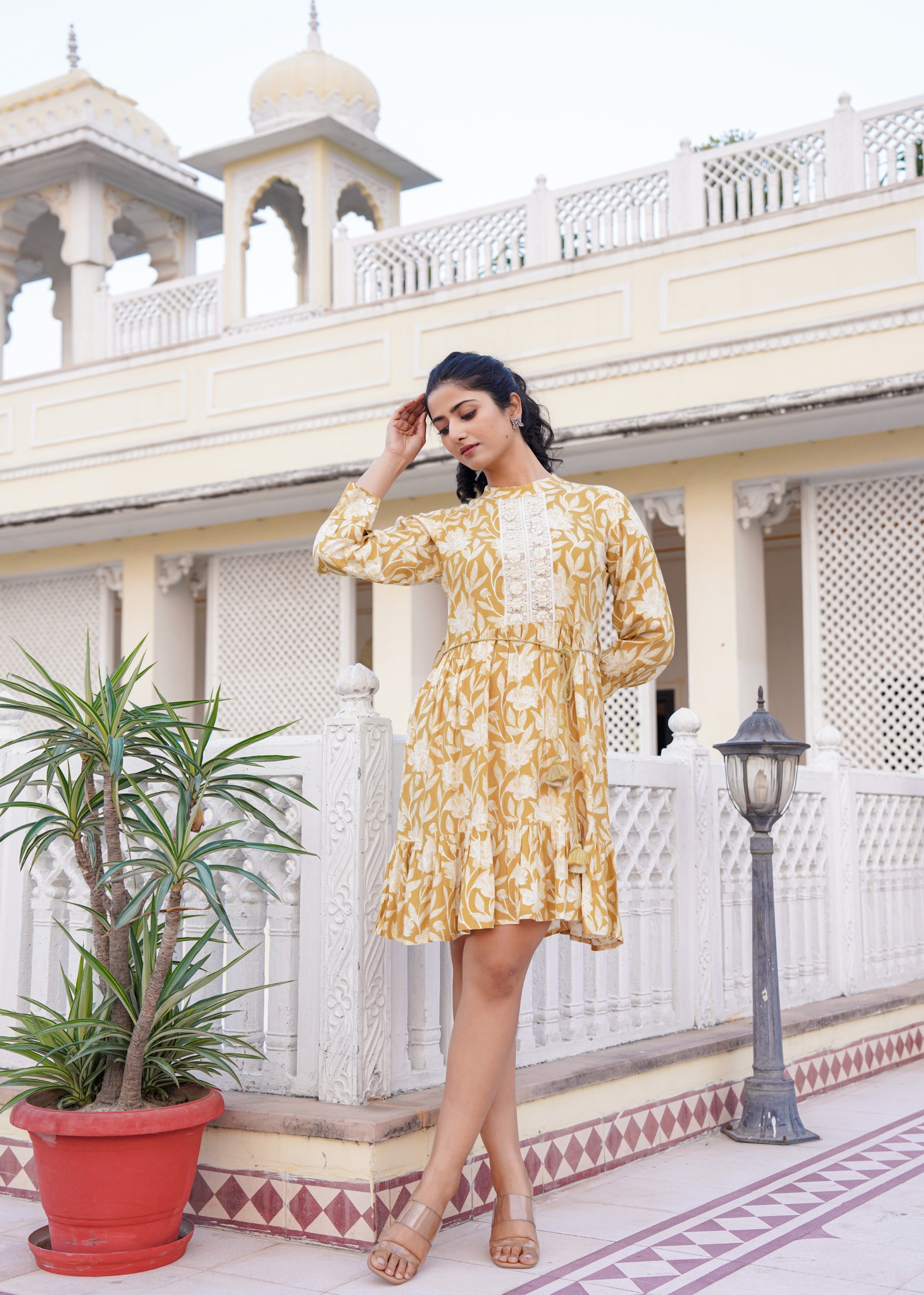 Mustard Yellow Floral Embroidered Cotton Dress
