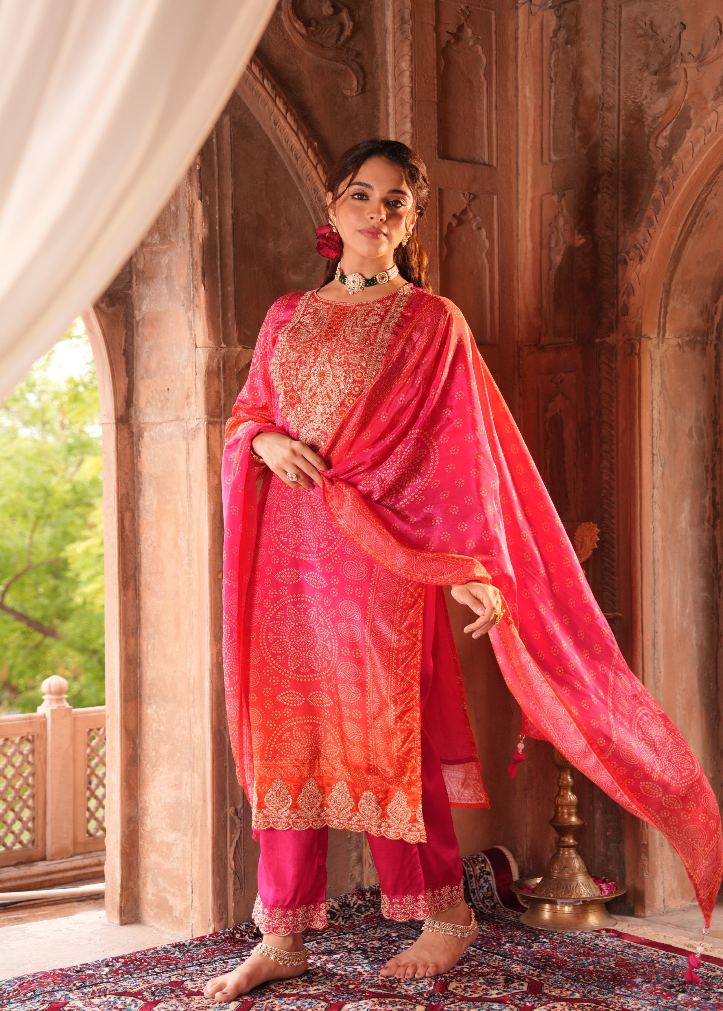Rich Pink Embellished Chinon Silk Pant Set