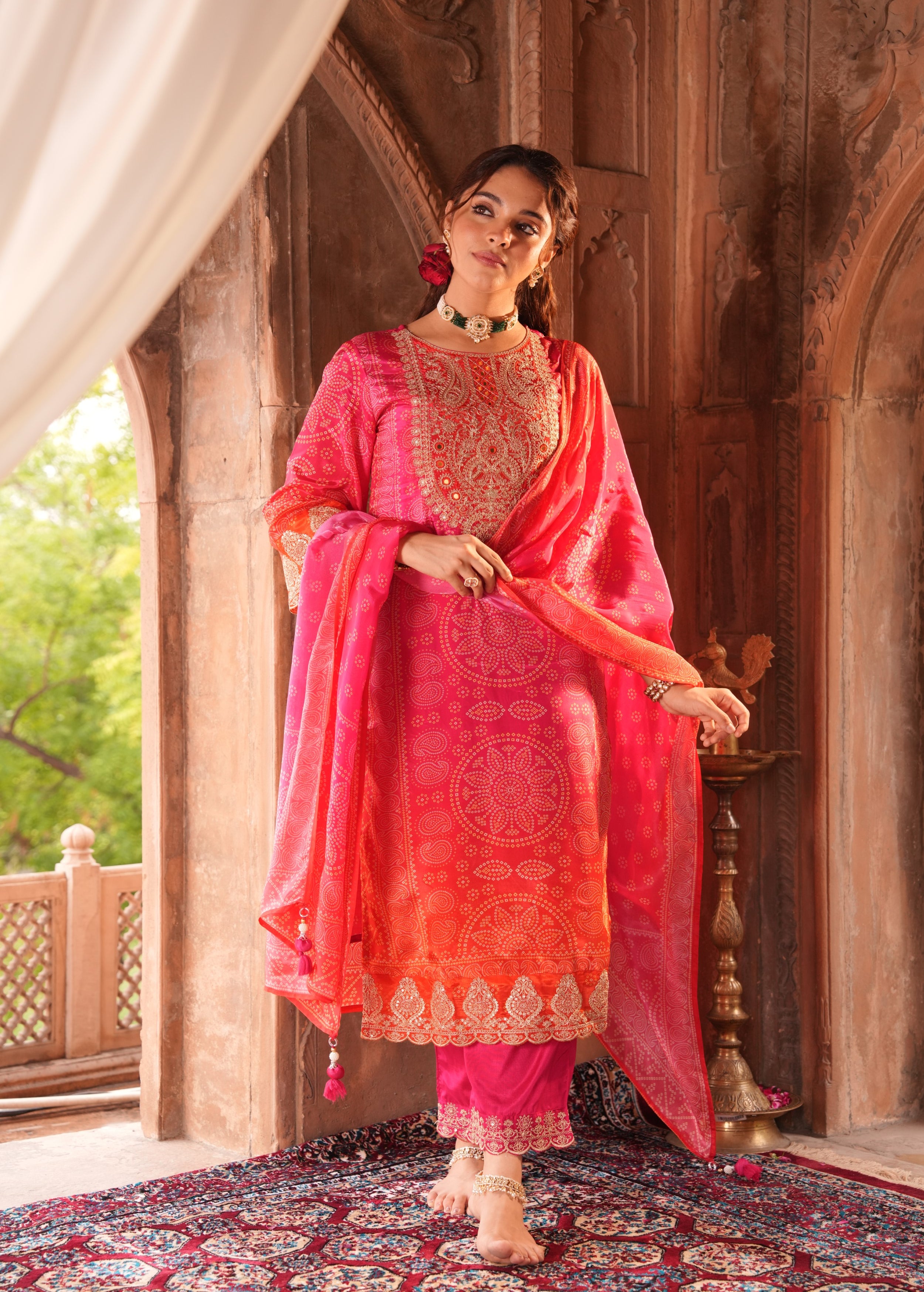 Rich Pink Embellished Chinon Silk Pant Set