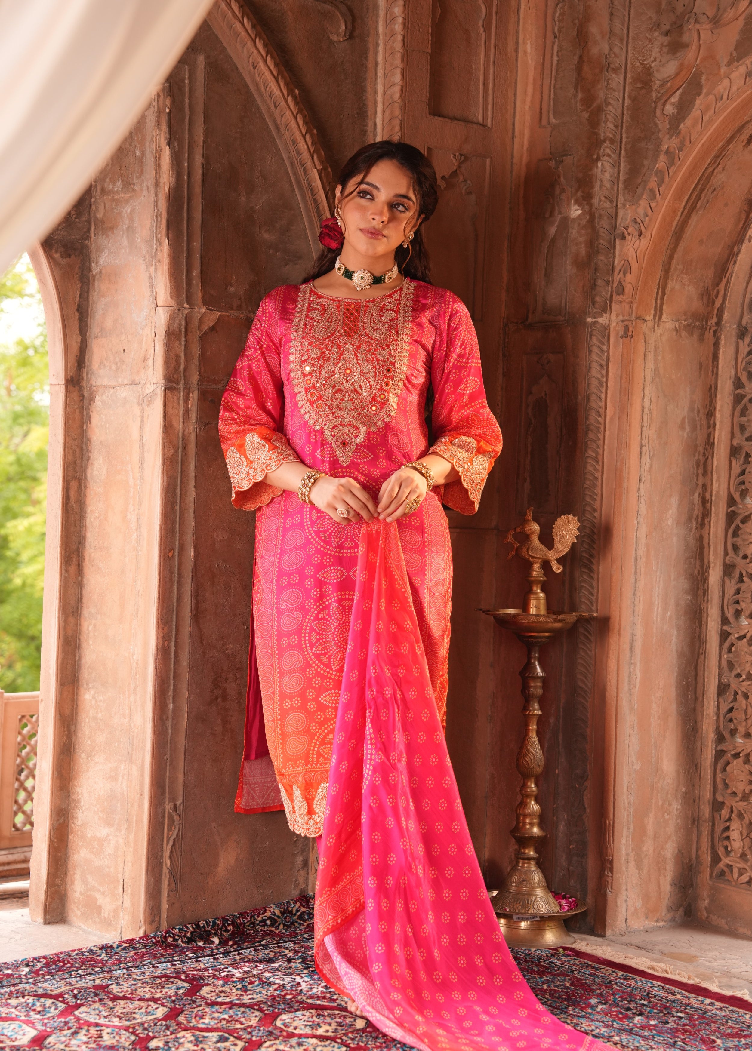 Rich Pink Embellished Chinon Silk Pant Set