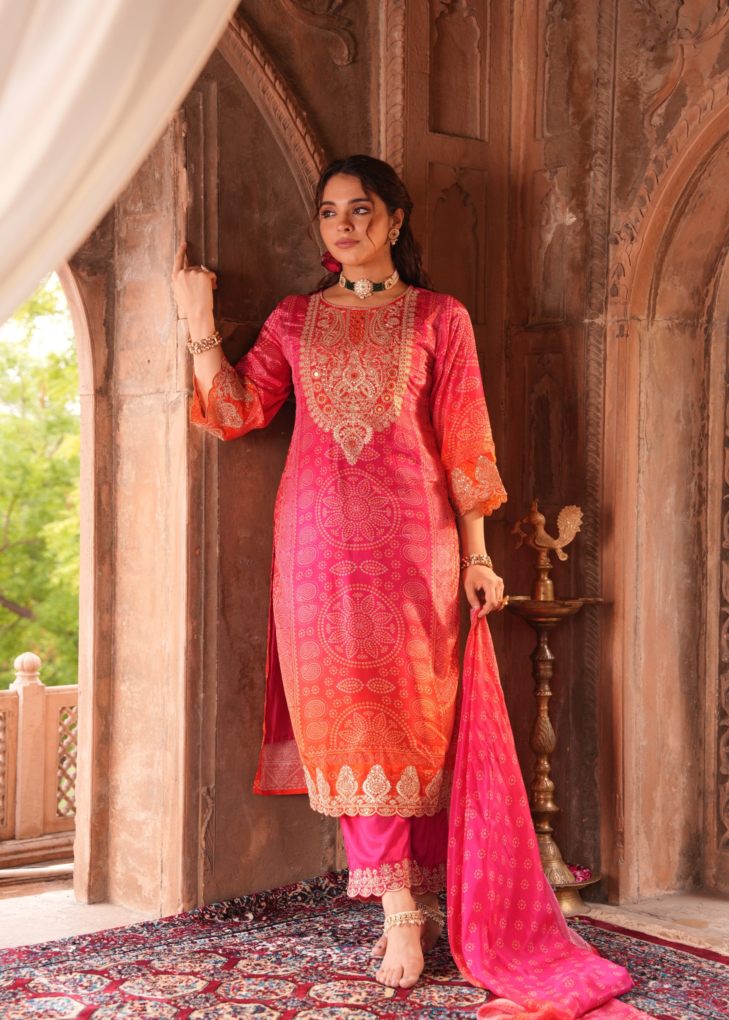 Rich Pink Embellished Chinon Silk Pant Set