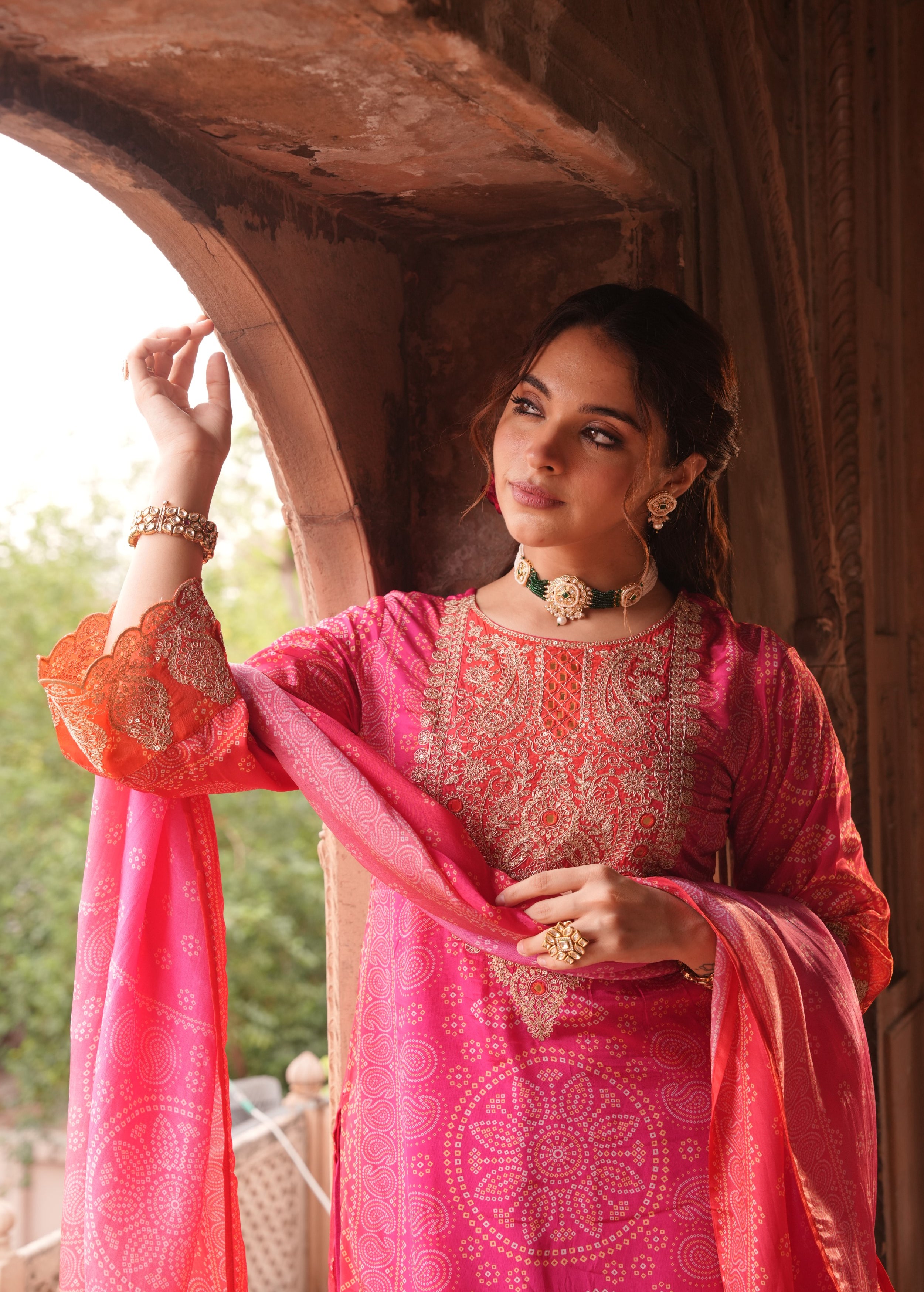 Rich Pink Embellished Chinon Silk Pant Set
