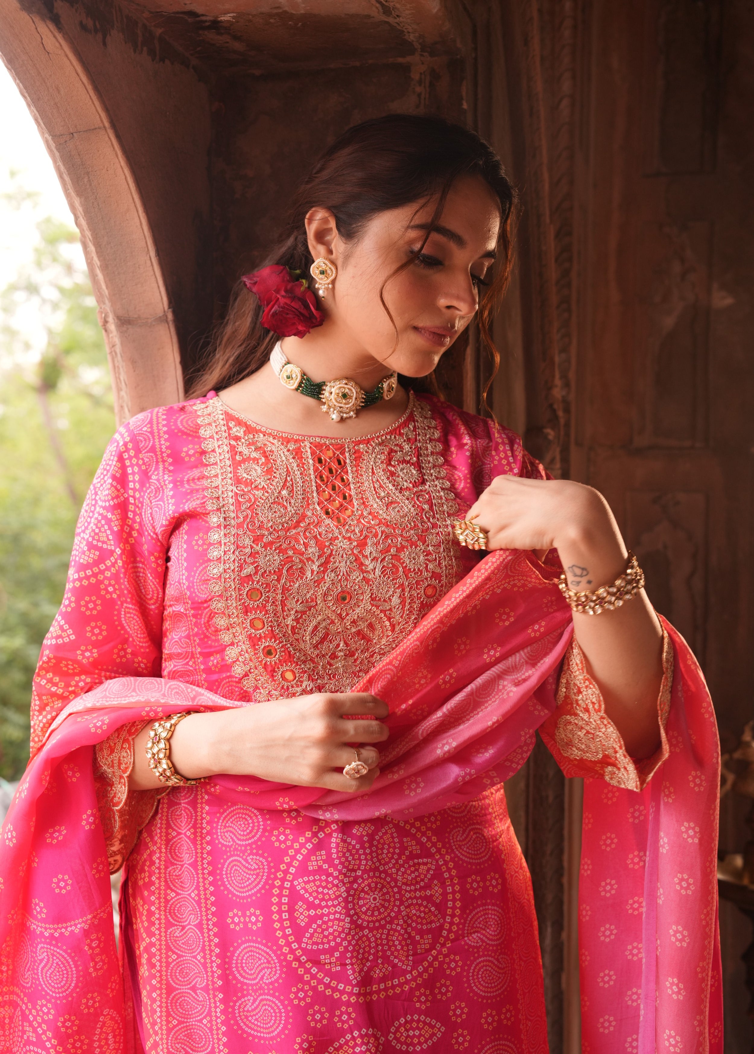 Rich Pink Embellished Chinon Silk Pant Set