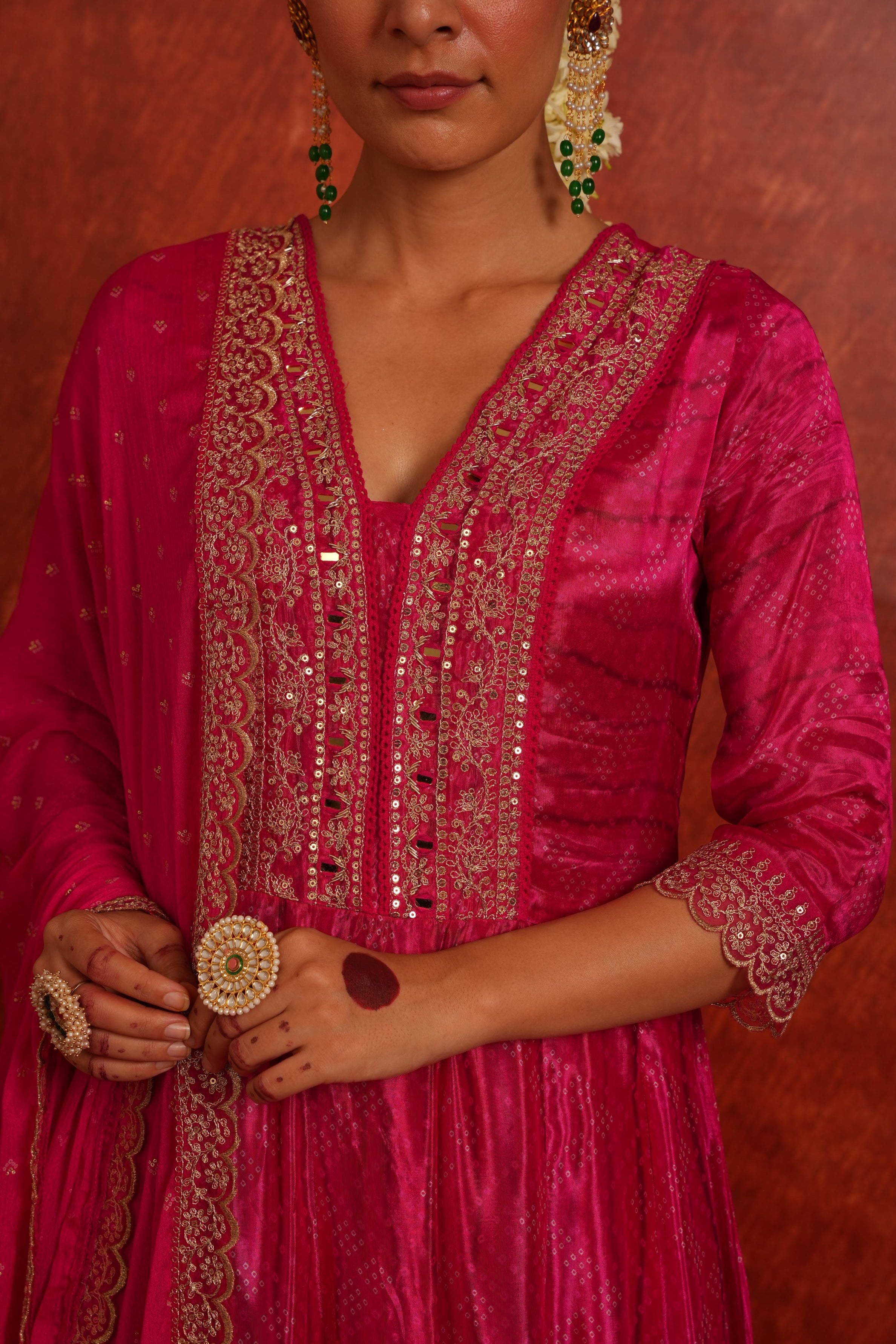 Pink Bandhej Printed Premium Silk Anarkali Set