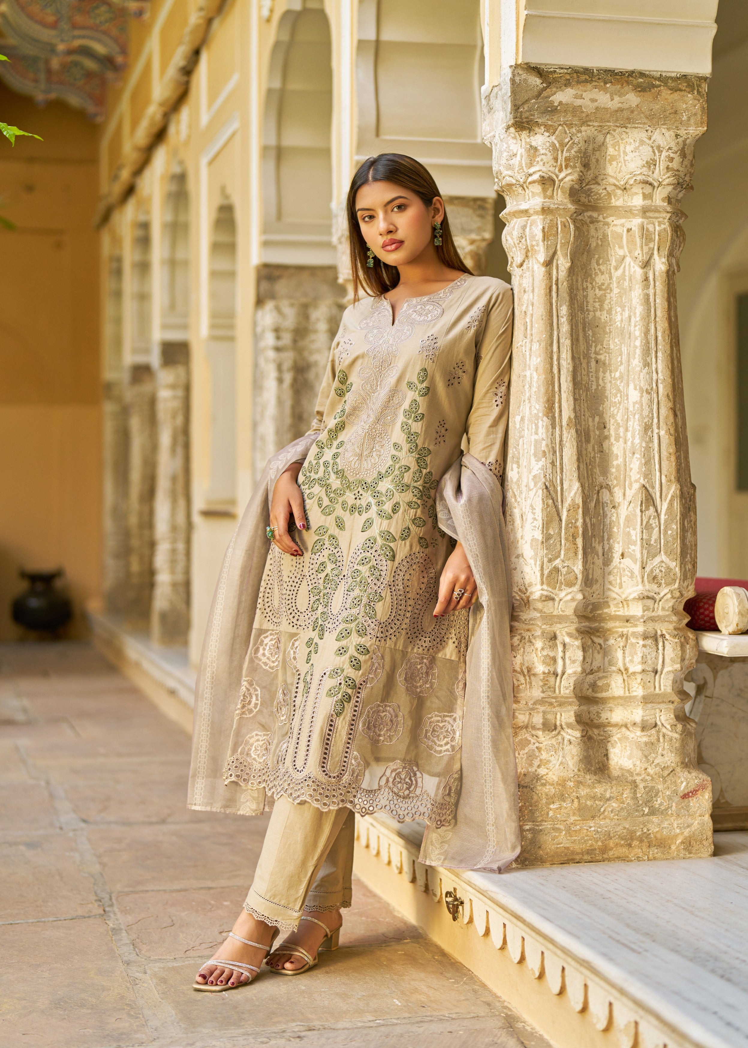 Taupe Brown Embroidered Cotton Pant Set